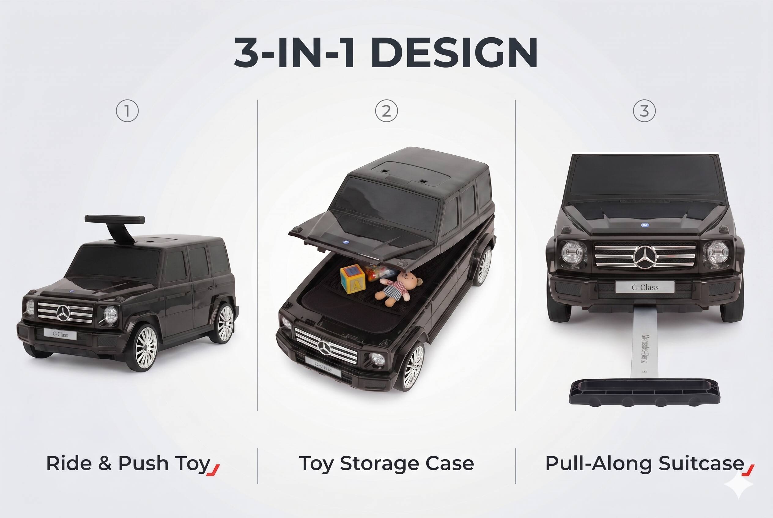3-IN-1 DESIGN

1. Ride & Push Toy
2. Toy Storage Case
3. Pull-Along Suitcase

G-Class U-Cass Vi Menedes-Benz