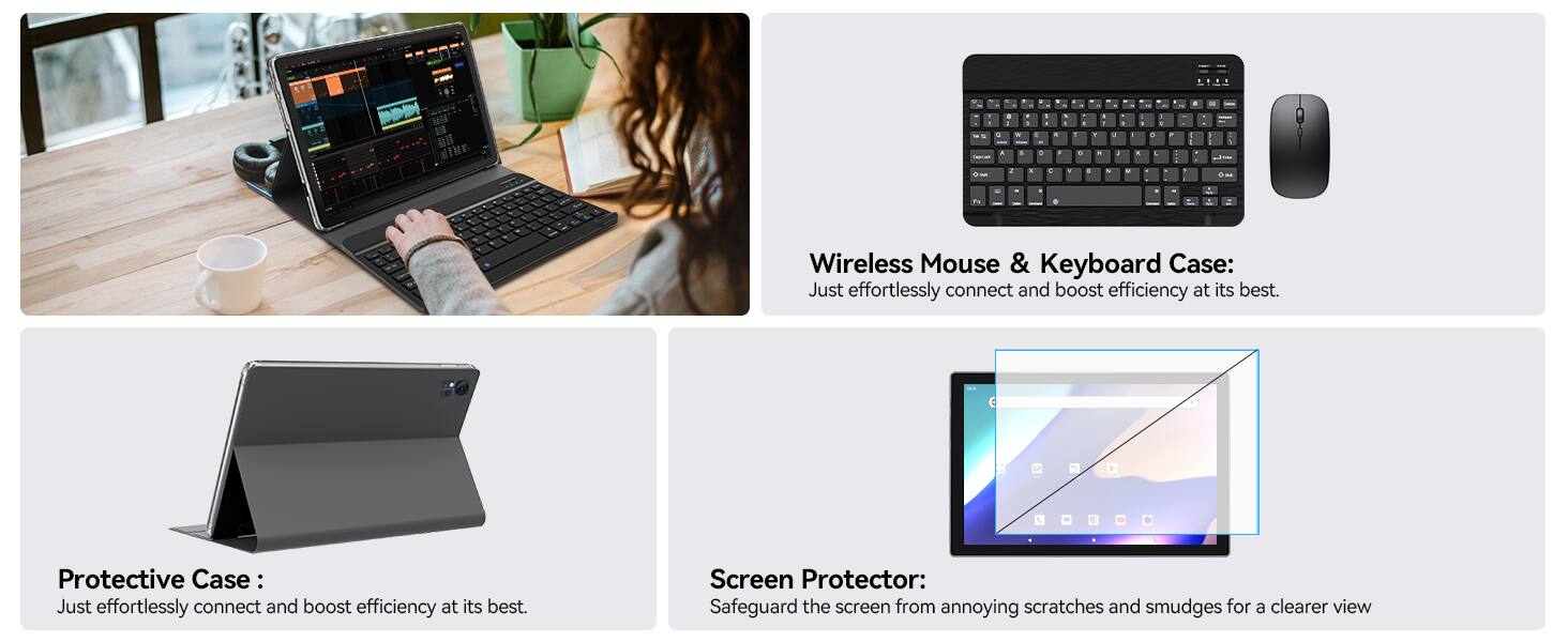 - Wireless Mouse & Keyboard Case: Just effortlessly connect and boost efficiency at its best.
- Protective Case: Just effortlessly connect and boost efficiency at its best.
- Screen Protector: Safeguard the screen from annoying scratches and smudges for a clearer view.