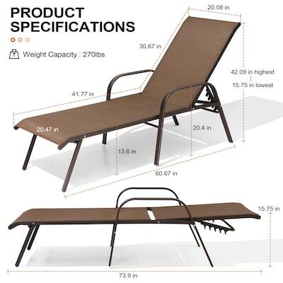 PRODUCT SPECIFICATIONS

- Weight Capacity: 270lbs
- 20.08 in
- 30.67 in
- 42.09 in (highest)
- 41.77 in
- 15.75 in (lowest)
- 20.47 in
- 20.4 in
- 13.6 in
- 60.67 in
- 15.75 in
- 73.9 in