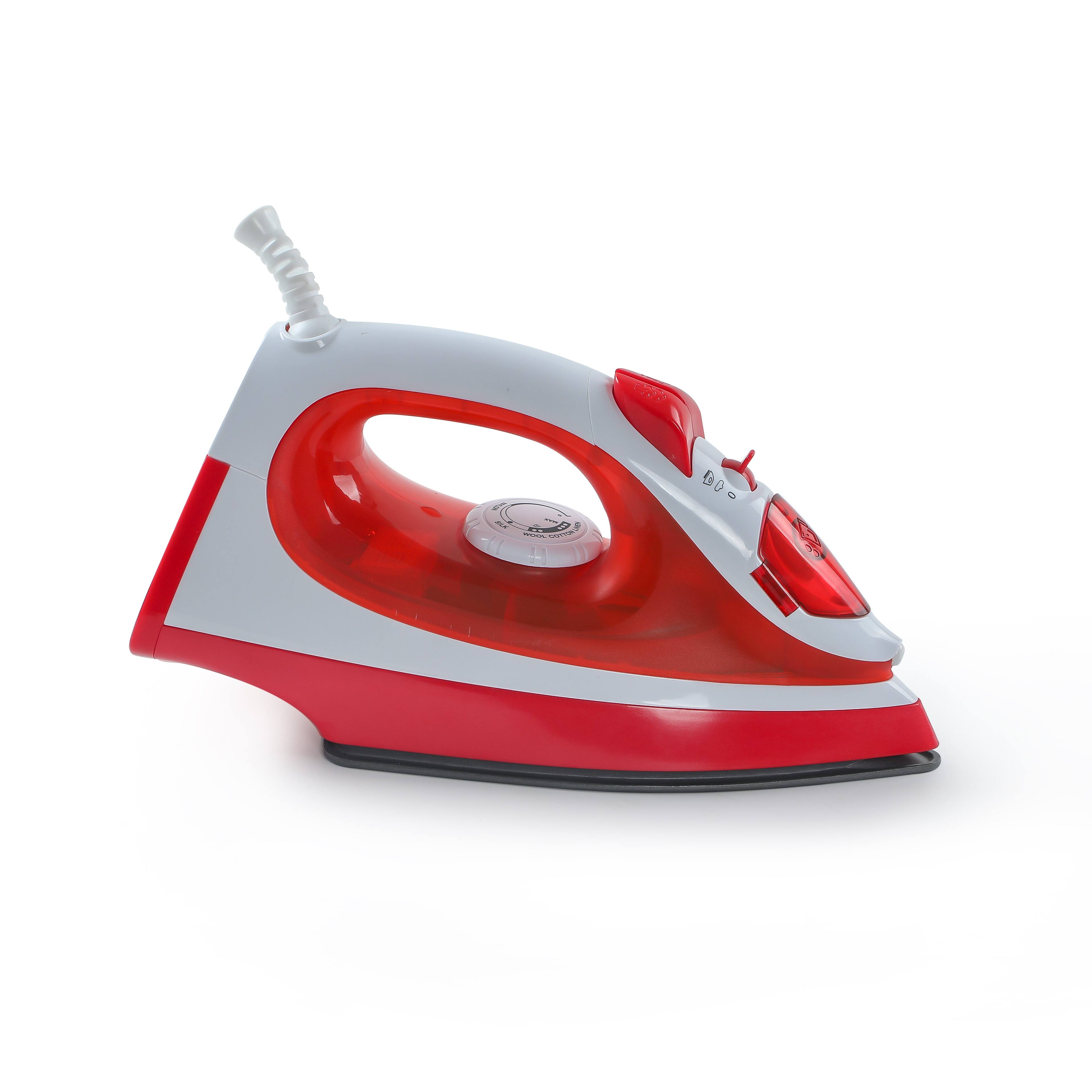 Left. Commercial Care - Commercial Care CCSI300 Steam Iron with 7.4 Ounce Water Tank, 1200 Watts, Comfort Grip, White with Green Accents - RED.