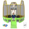 Front. Gymax - Gymax 7FT Kids Recreational Trampoline w/ Ladder & Slide Ocean Ball Indoor Outdoor Green - Green + Yellow.