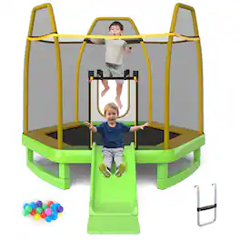 Gymax - 7FT Kids Recreational Trampoline w/ Ladder & Slide Ocean Ball Indoor Outdoor Green - Green + Yellow