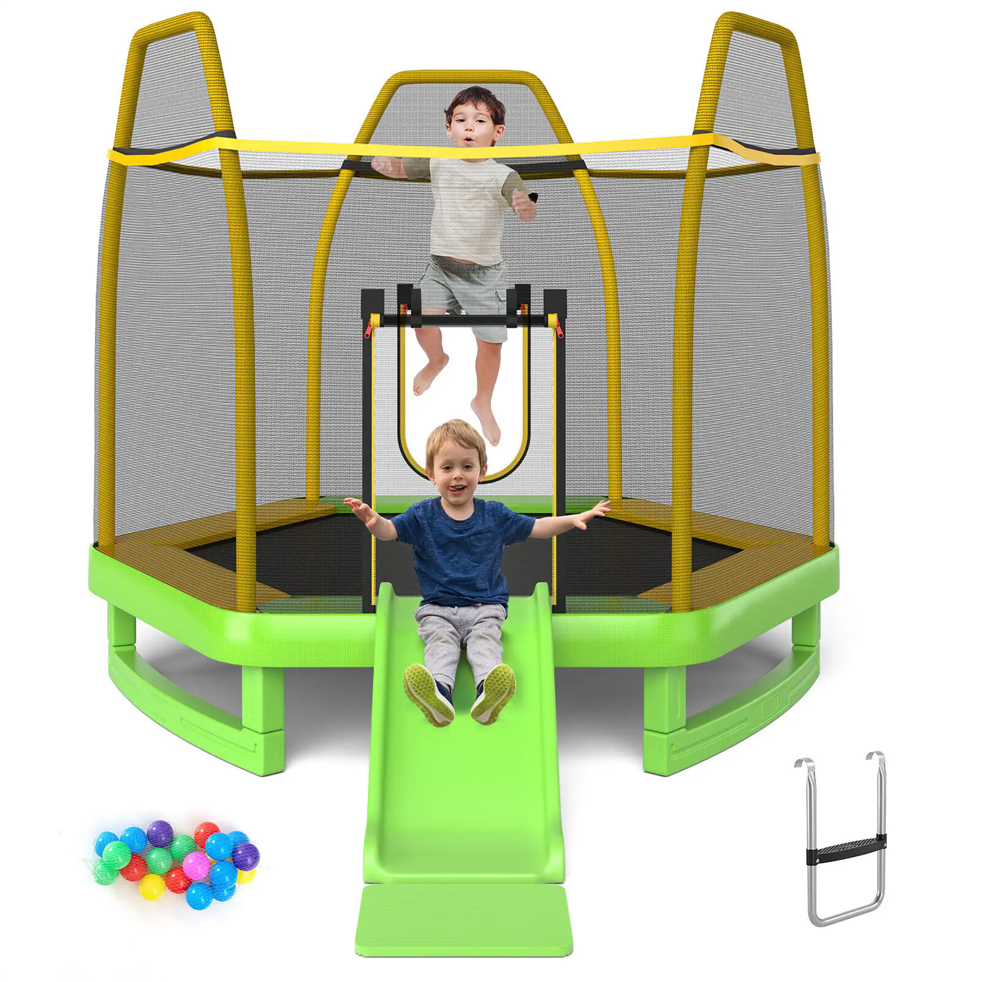 Front. Gymax - Gymax 7FT Kids Recreational Trampoline w/ Ladder & Slide Ocean Ball Indoor Outdoor Green - Green + Yellow.