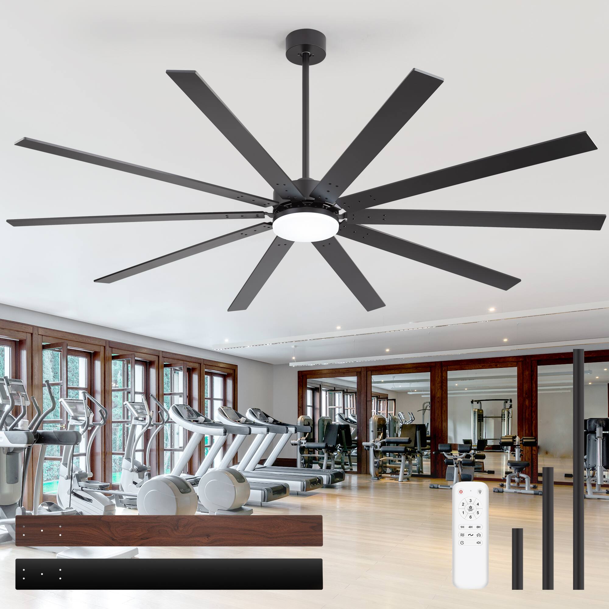 Front. Breezary - 84-Inch LED Ceiling Fan with 10 Plywood Blades,8/12/24-Inch Downrods, 6-Speed Remote Control - matte black and walnut.