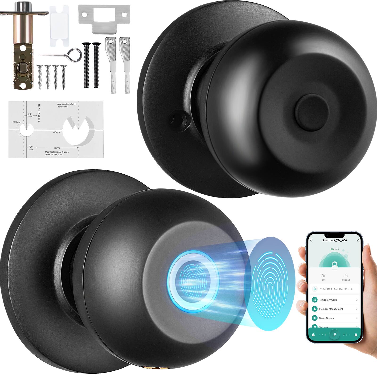VEVOR - Smart Door Knob, Biometric Door Lock Bluetooth Smart Lock, Fingerprint Smart Lock with APP Control - Black