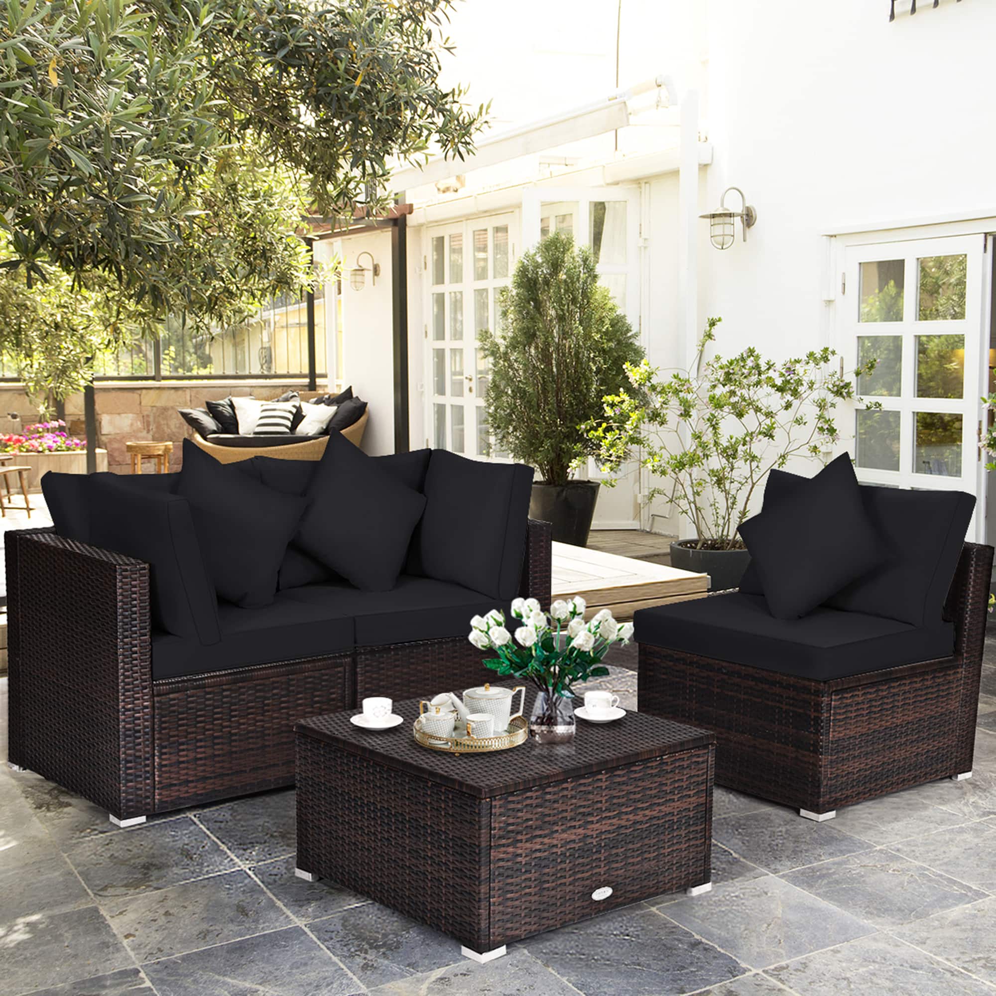 Gymax - 4PCS Rattan Patio Conversation Furniture Set Yard Outdoor w/ Cushion - Black