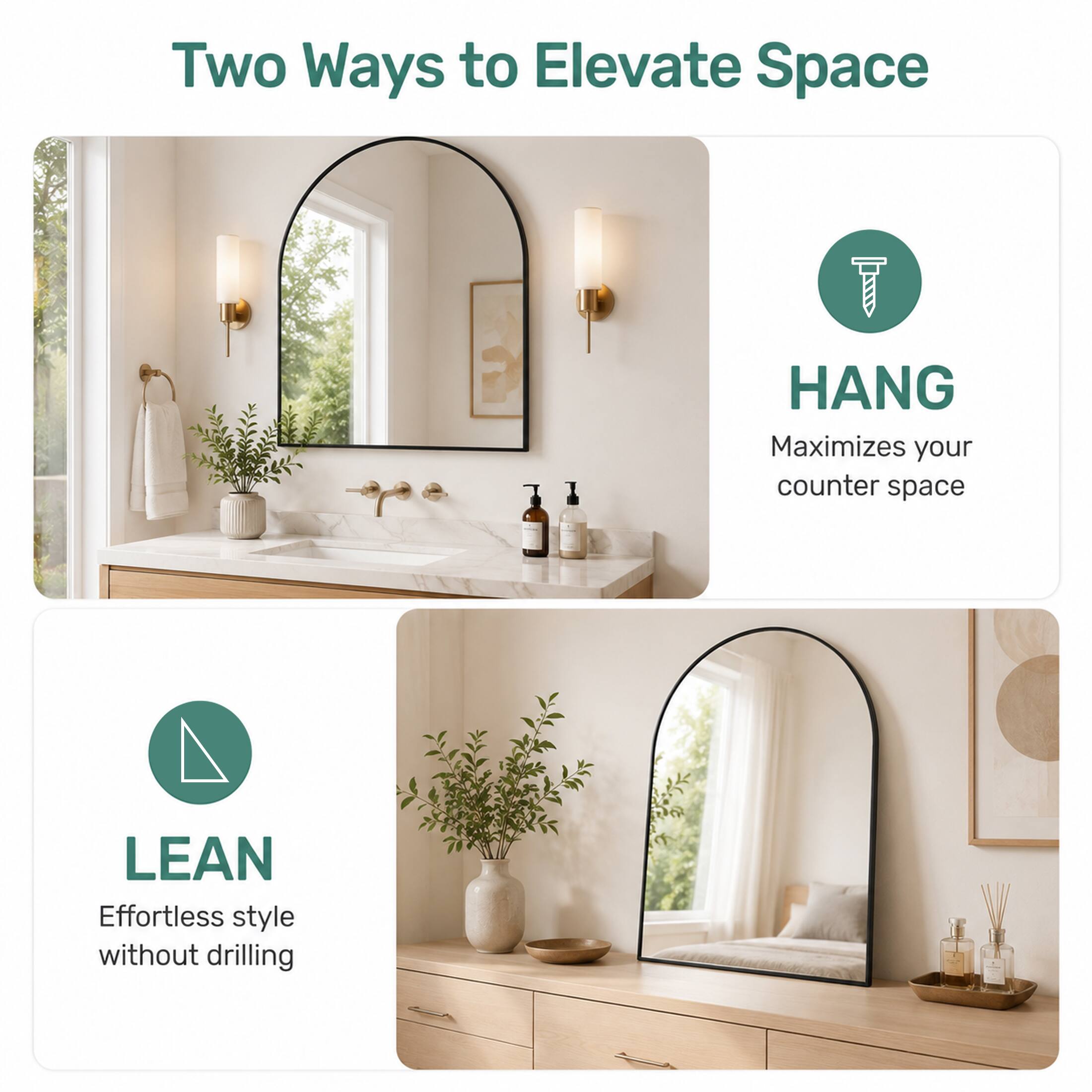 Two Ways to Elevate Space

HANG
Maximizes your counter space

LEAN
Effortless style without drilling