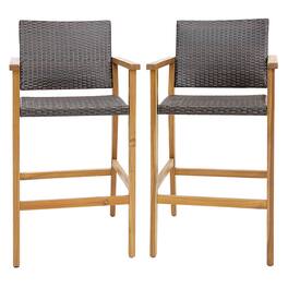 Gymax - Patio Rattan Bar Stool Set of 2 Outdoor PE Wicker Bar Chairs w/ Armrests & Sturdy Footrests - Teak, Mix Brown