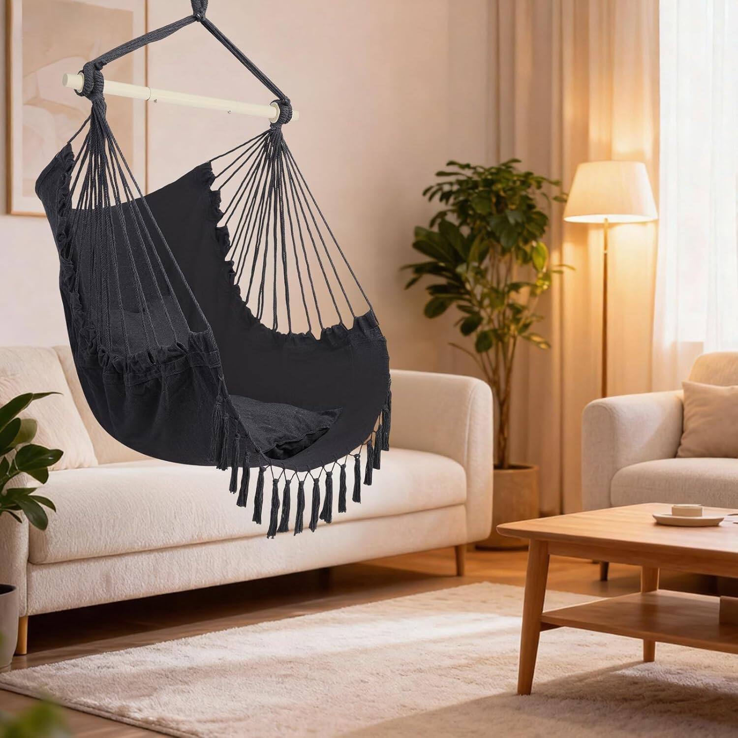 Alt View 8. Winado - Hanging Rope Swing Hammock Chair Macrame Hammock Swing Seat w/ 2 Cushions, Steel Spreader Bar, Tassels for In/Outdoor - Dark Gray.
