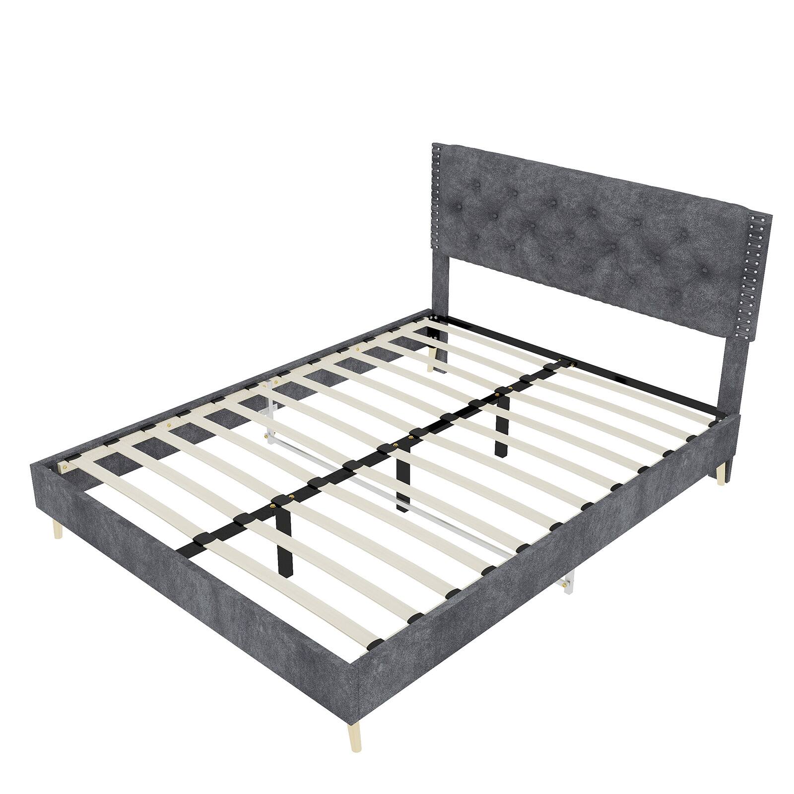 Angle. Loheer - Loheer Gray Velvet Queen Bed Frame Sturdy Upholstered Platform Bed - Grey.