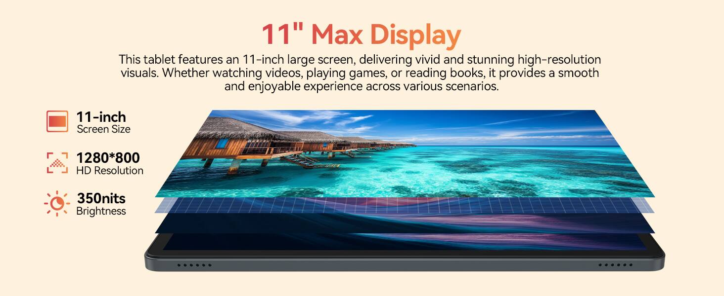 11" Max Display

This tablet features an 11-inch large screen, delivering vivid and stunning high-resolution visuals. Whether watching videos, playing games, or reading books, it provides a smooth and enjoyable experience across various scenarios.

11-inch Screen Size
1280*800 HD Resolution
350nits Brightness