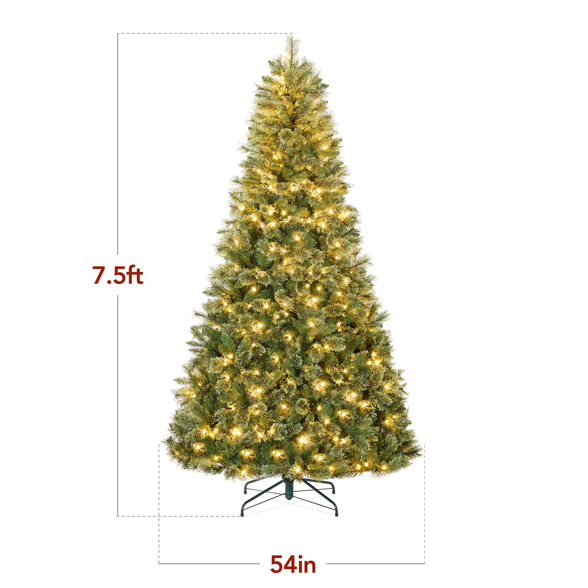 The text on the image indicates the dimensions of the Christmas tree as follows:

- Height: 7.5 feet
- Width: 54 inches