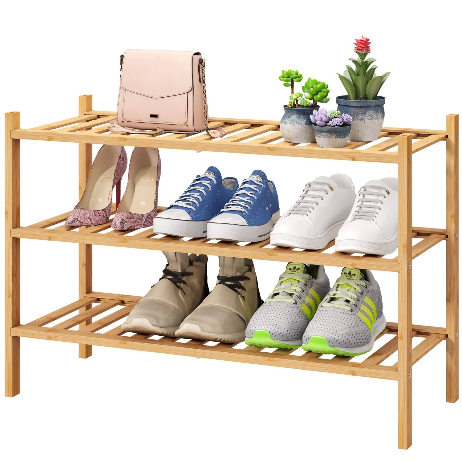 Angle. Refined Abode Design - Shoe Rack Rack Sturdy Versatile Home Household Essential Item Solution Design - Natural Bamboo 3-Tier.