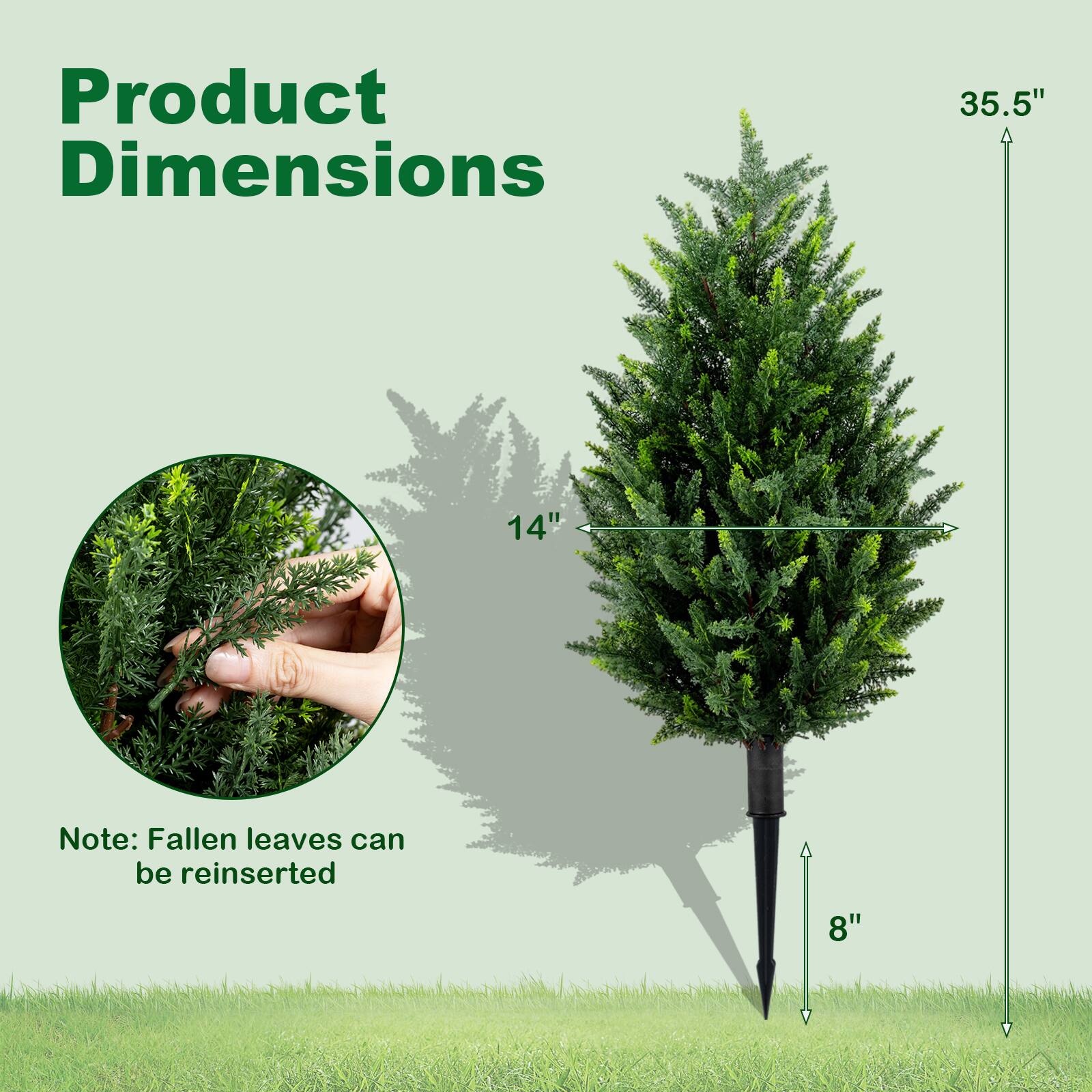 Product Dimensions: 35.5" x 14" x 8"  
Note: Fallen leaves can be reinserted