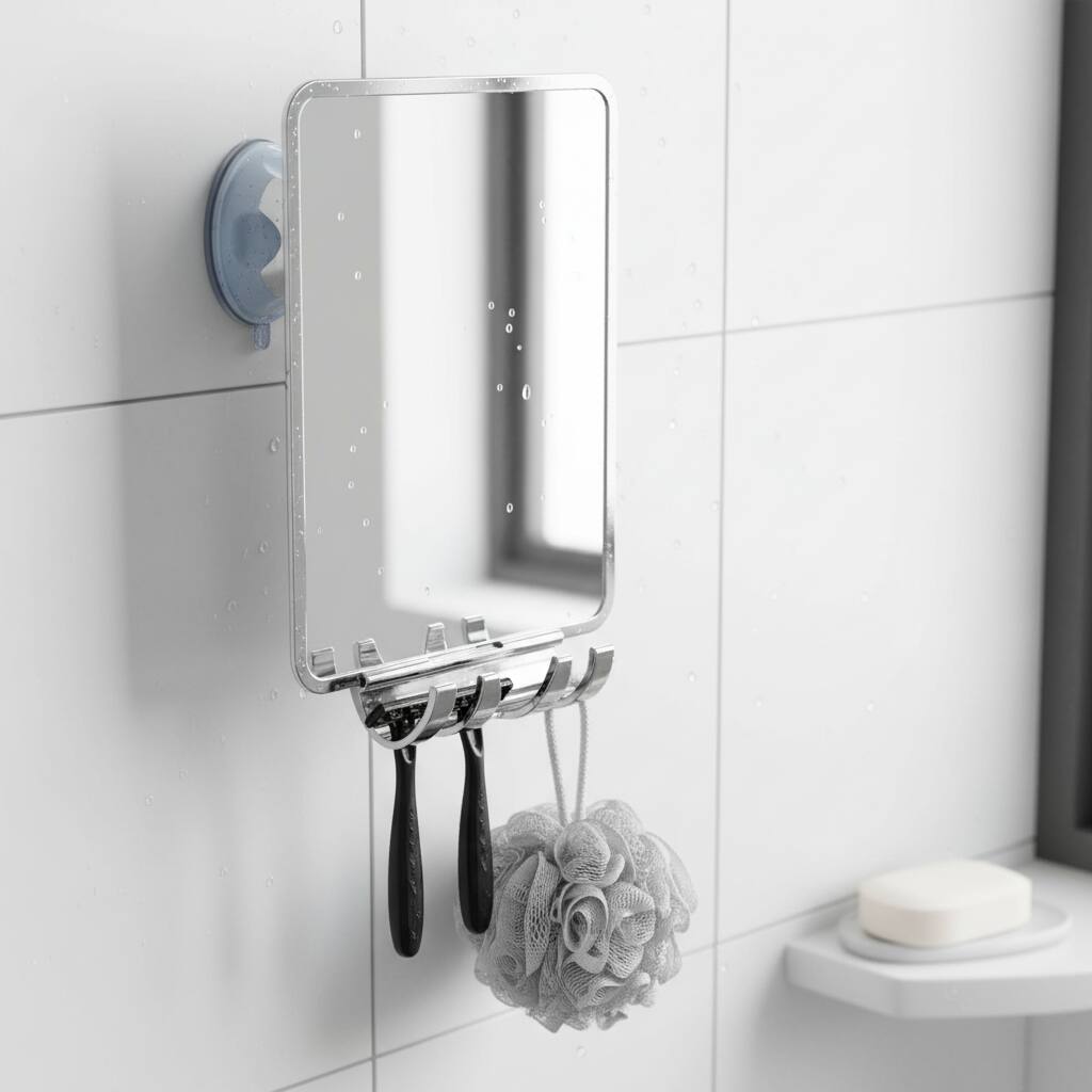 Angle. Dazzed Corner - Fogless Shower Mirror with Razor Holder, Suction Cup, Shatterproof - Chrome.