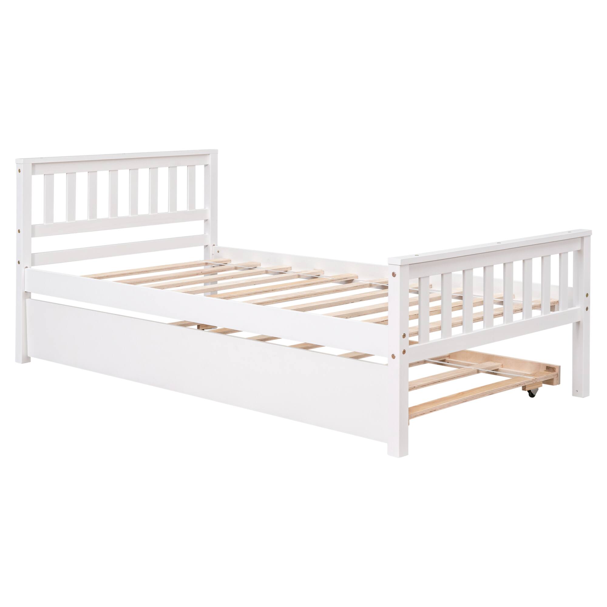 Angle. GOODSILO - Space-Saving Twin Platform Bed Frame with Pull-Out Trundle and Headboard for Compact Living Areas - White.