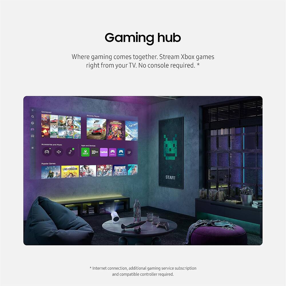 Gaming hub  
Where gaming comes together. Stream Xbox games right from your TV. No console required. *  
Soon: Arcade, Fard, CIAME Accessories and Mac  
Popular: Sanus, ANTINOT, LIKEADRACON, FORTNITE, BL2T, LESAY  
START *  
Internet connection, additional gaming service subscription and compatible controller required.