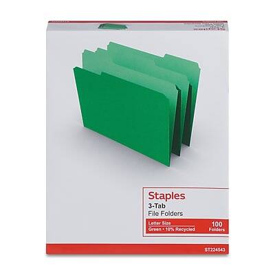 Staples  
3-Tab File Folders  
Letter Size  
Green - 10% Recycled  
100 Folders  
ST224543