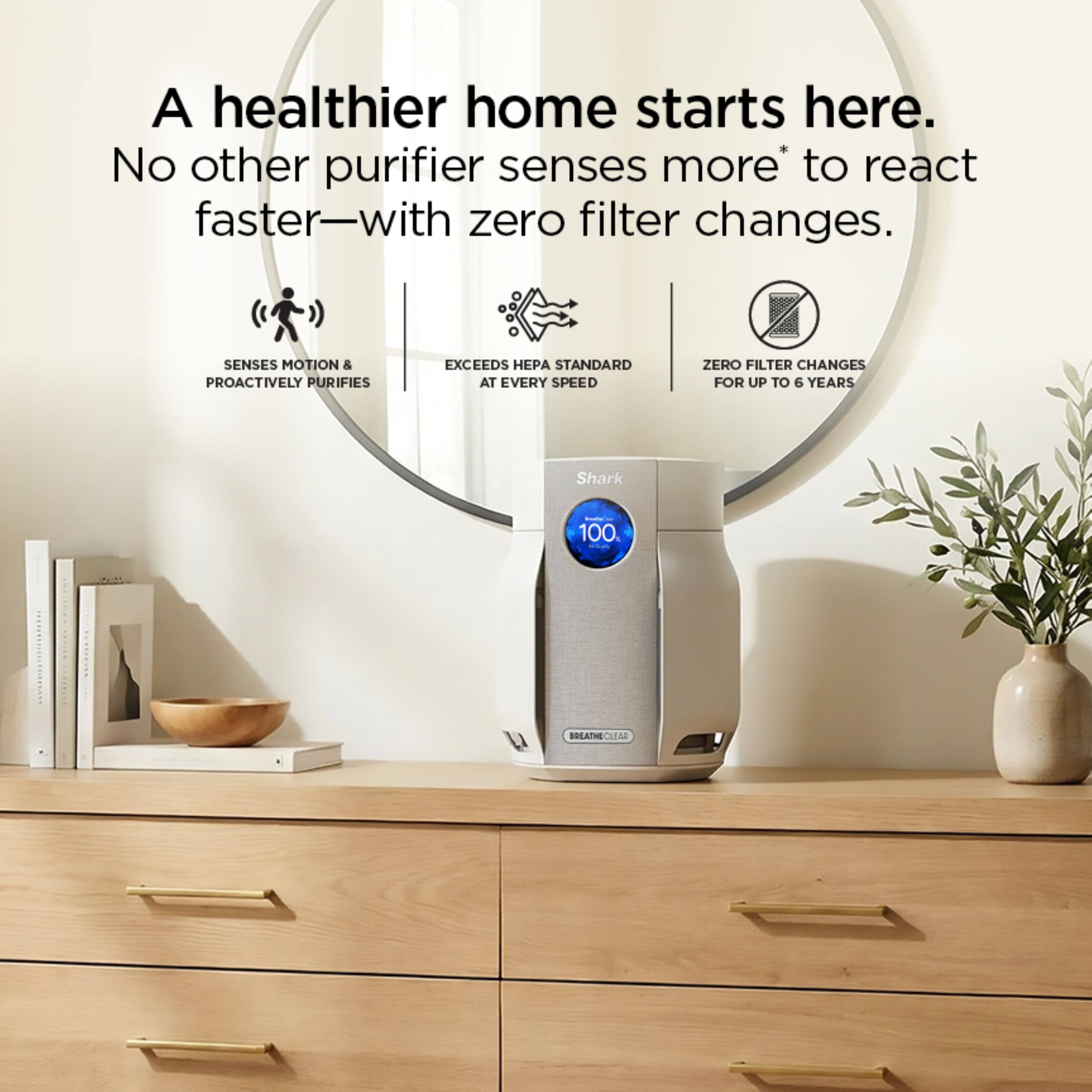 A healthier home starts here.  
No other purifier senses more* to react faster—with zero filter changes.  

SENSES MOTION & PROACTIVELY PURIFIES  
EXCEEDS HEPA STANDARD AT EVERY SPEED  
ZERO FILTER CHANGES FOR UP TO 6 YEARS  

Shark 100  
BREATHE CLEAR