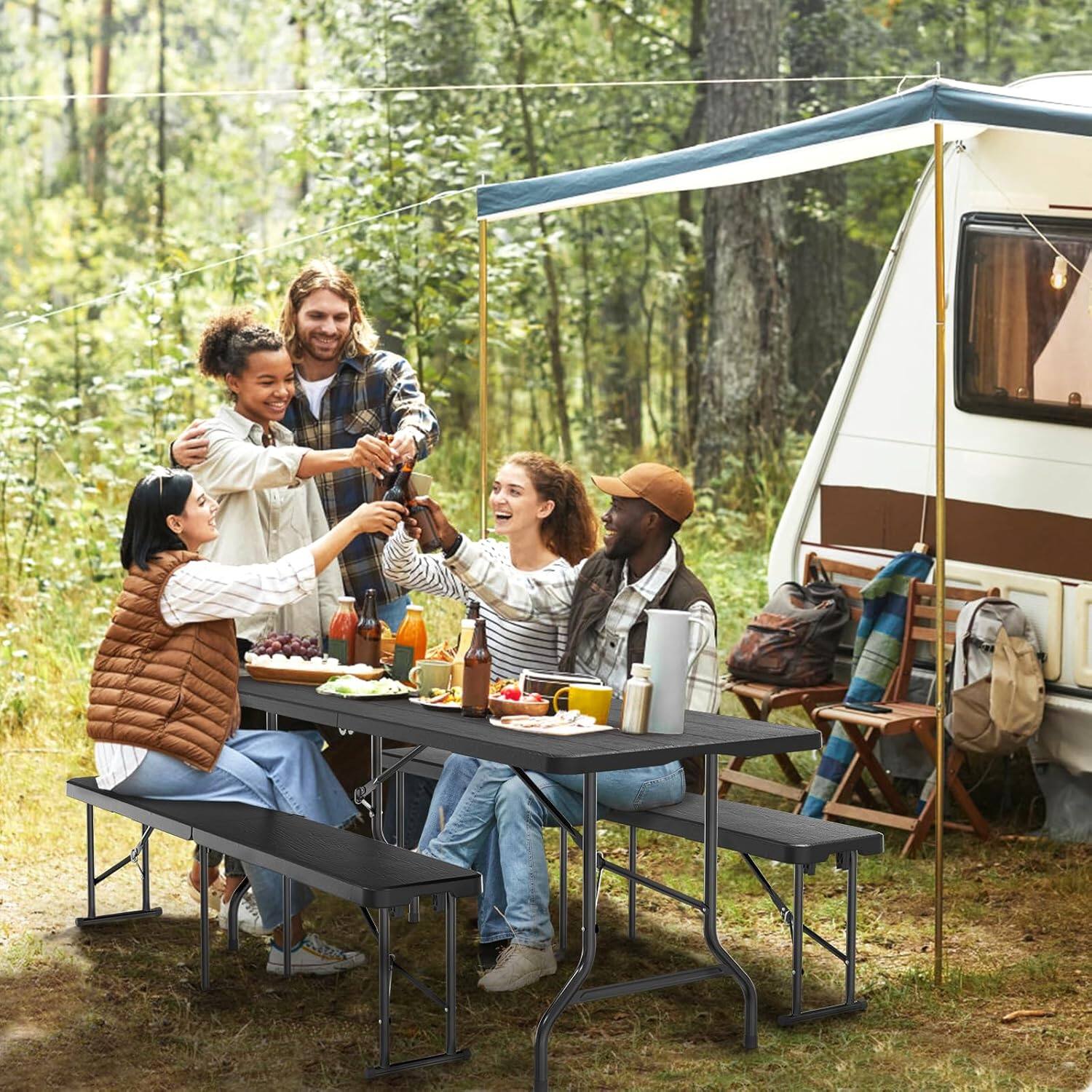 Alt View 6. Winado - 6FT Plastic Folding Table Rectangular Portable Tree Patterned HDPE Tabletop w/ Carrying Handle for Indoor Outdoor Picnic - Black.
