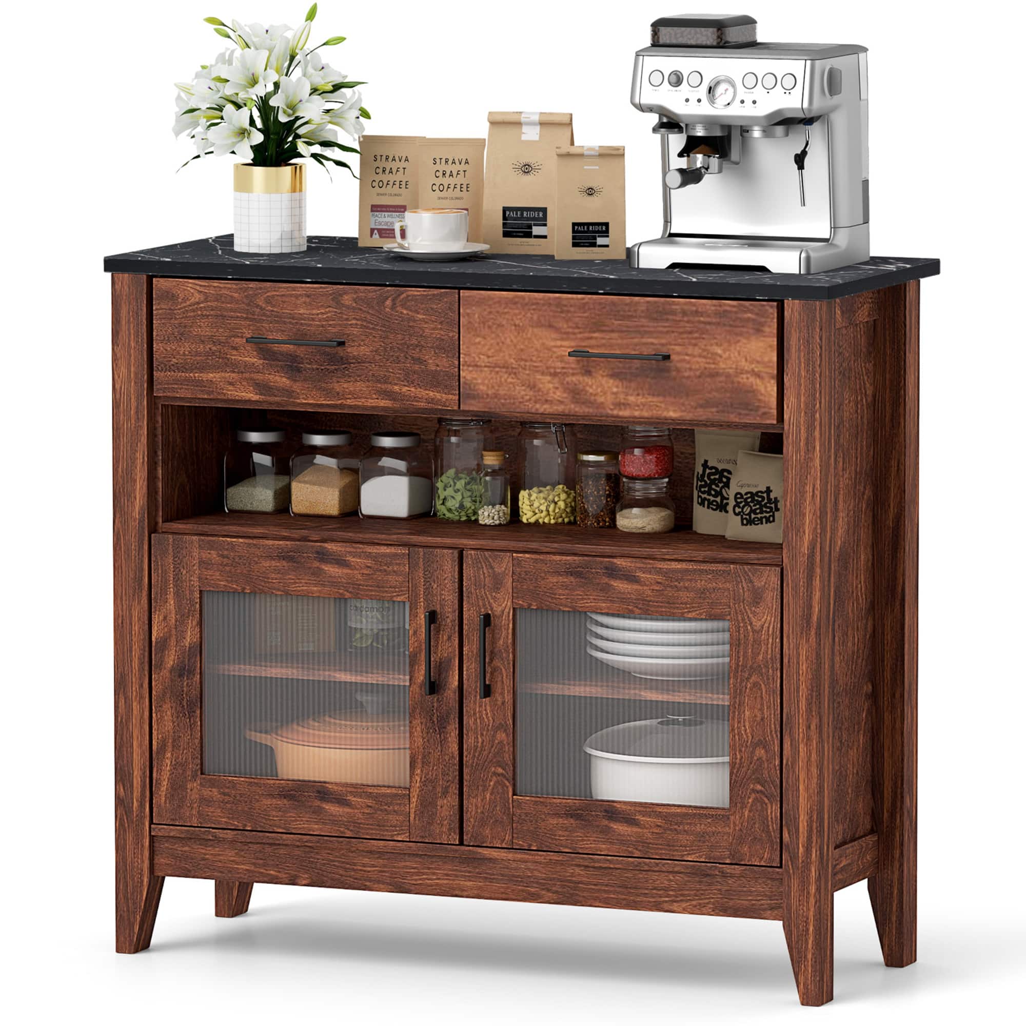 Gymax - Buffet Sideboard w/ 2 Drawers 1 Open Compartment 2 Doors 2 Adjustable Shelves - Black, Rustic Brown