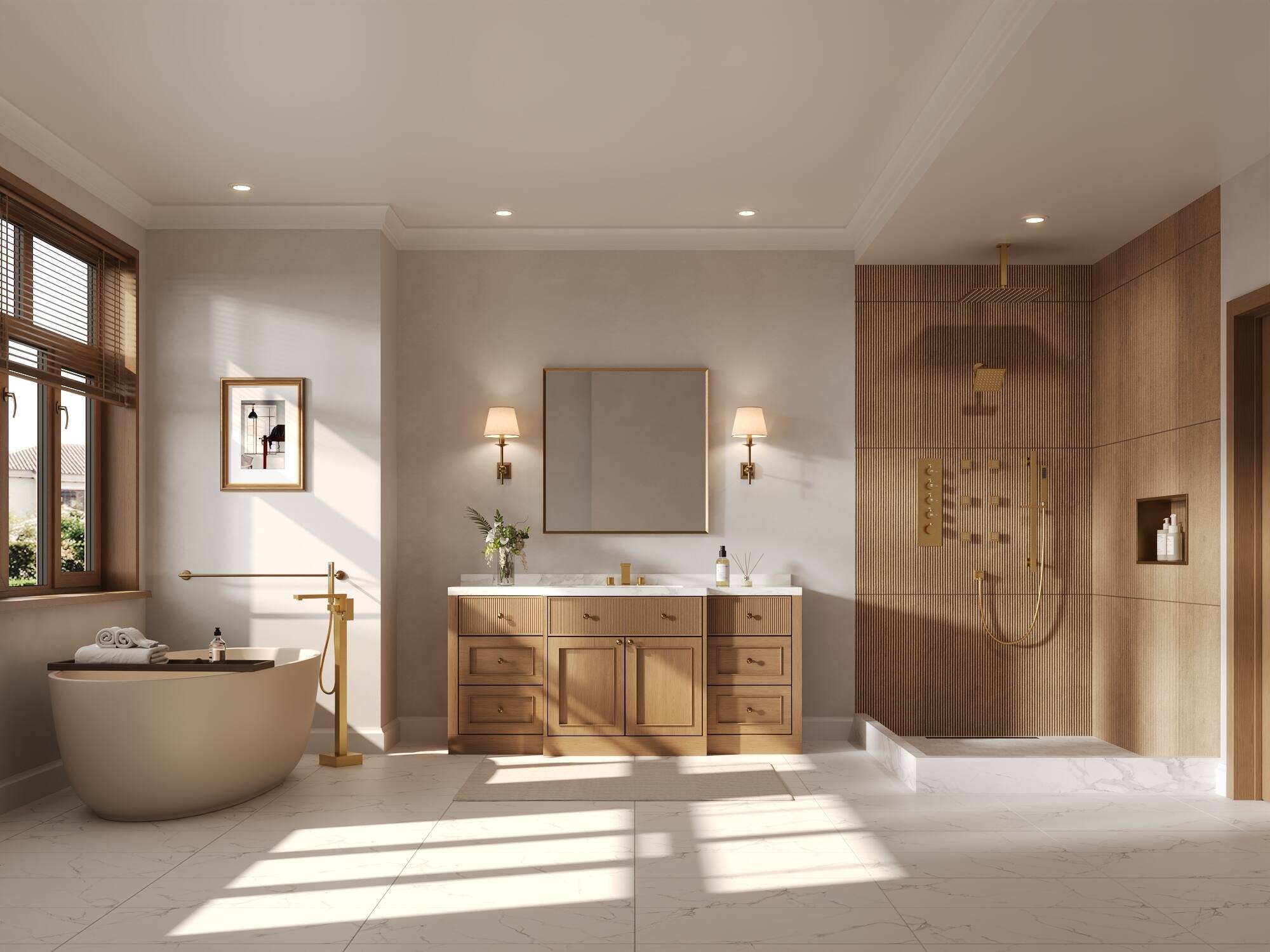 Left. GRANDJOY - 16" Thermostatic Shower System with Dual Rainfall Shower Heads, Handheld Sprayer, and Six Body Jets for Luxury Bathroom - Brushed Gold.