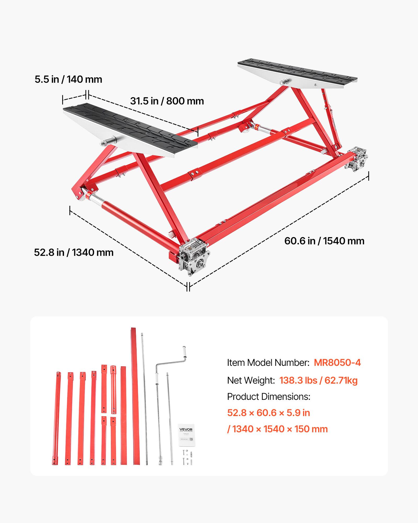 5.5 in / 140 mm  
31.5 in / 800 mm  
52.8 in / 1340 mm  
60.6 in / 1540 mm  

Item Model Number: MR8050-4  
Net Weight: 138.3 lbs / 62.71 kg  
Product Dimensions: 52.8 x 60.6 x 5.9 in / 1340 x 1540 x 150 mm
