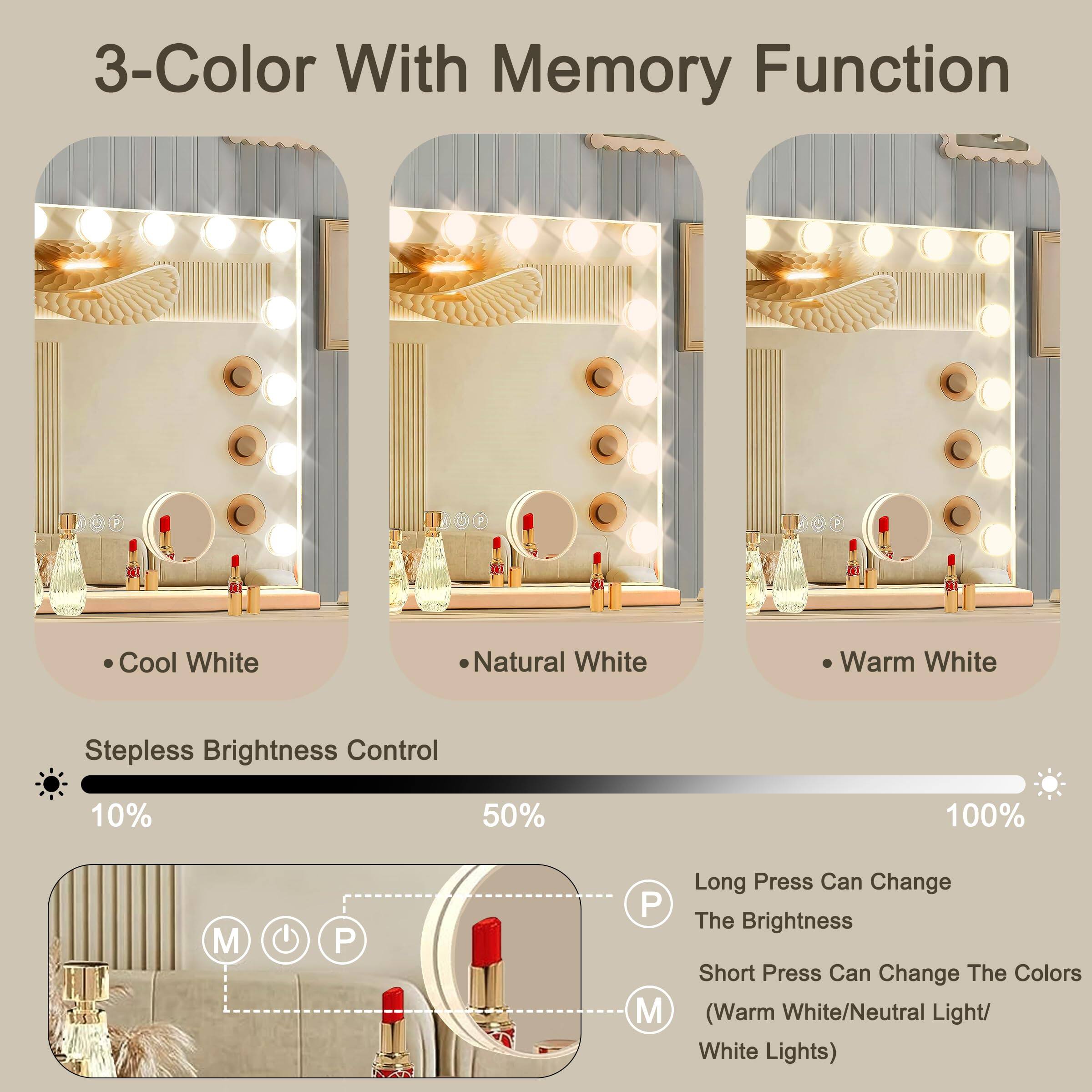 3-Color With Memory Function

- Cool White
- Natural White
- Warm White

Stepless Brightness Control
10% 50% 100%

Long Press Can Change The Brightness
Short Press Can Change The Colors (Warm White/Neutral Light/White Lights)
