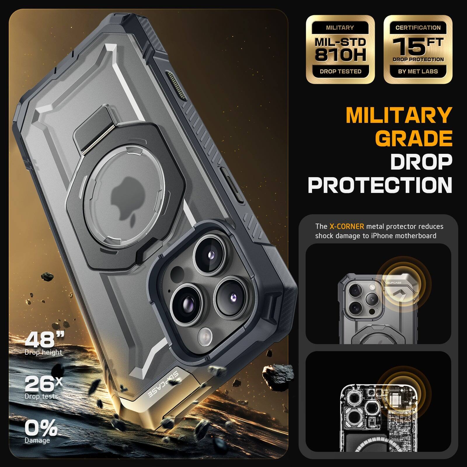 MILITARY CERTIFICATION MIL-STD 810H 15 FT DROP PROTECTION DROP TESTED BY MET LABS MILITARY GRADE DROP PROTECTION The X-CORNER metal protector reduces shock damage to iPhone motherboard 48" Drop-height 26x Drop tests 0% Damage SDPCASE