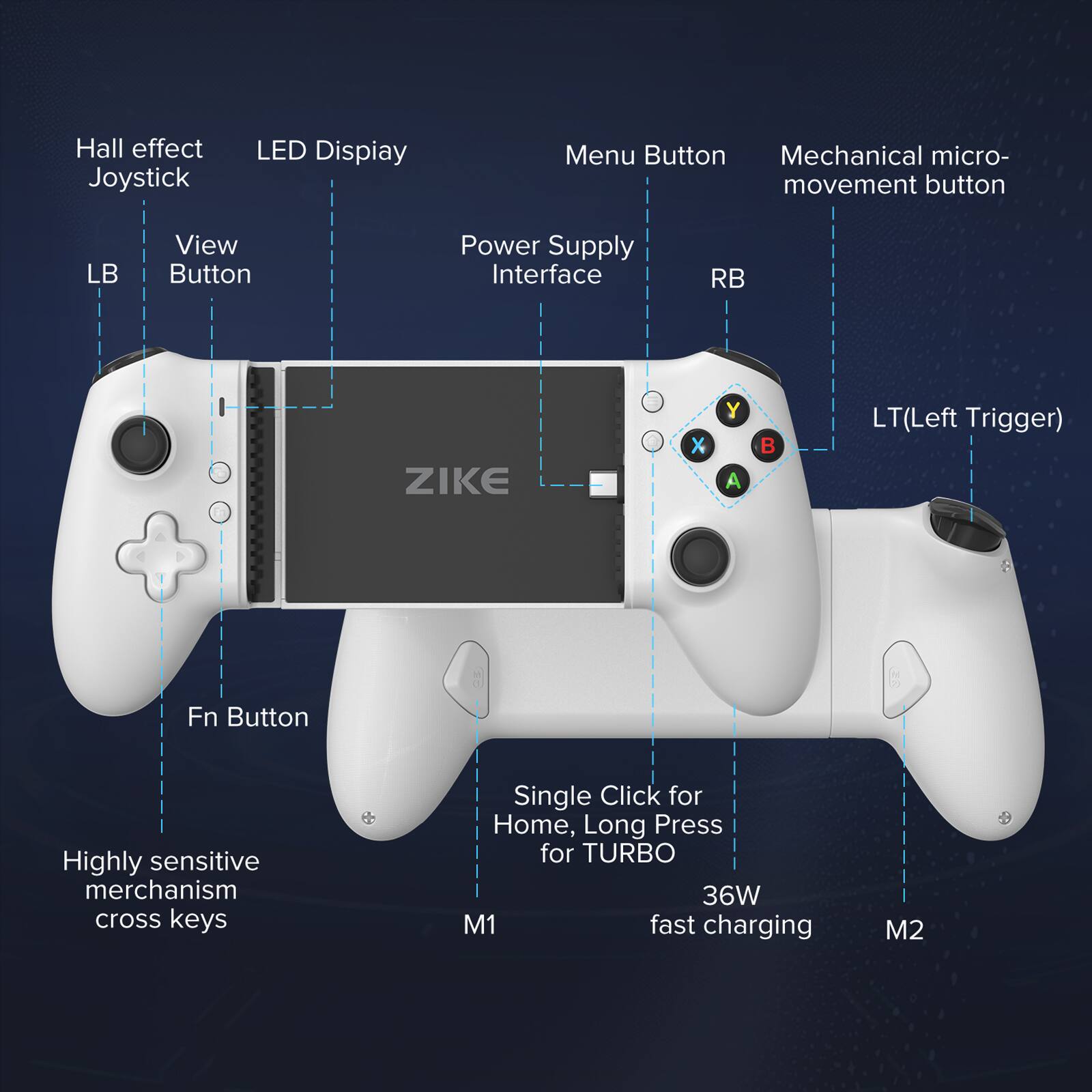 Hall effect Joystick, LED Display, Menu Button, Mechanical micro-movement button, LB, View Button, Power Supply Interface, RB, ZIKE, X, Y, A, B, LT(Left Trigger), Fn Button, Highly sensitive merchanism cross keys, Single Click for Home, Long Press for TURBO, 36W, M1, fast charging, M2