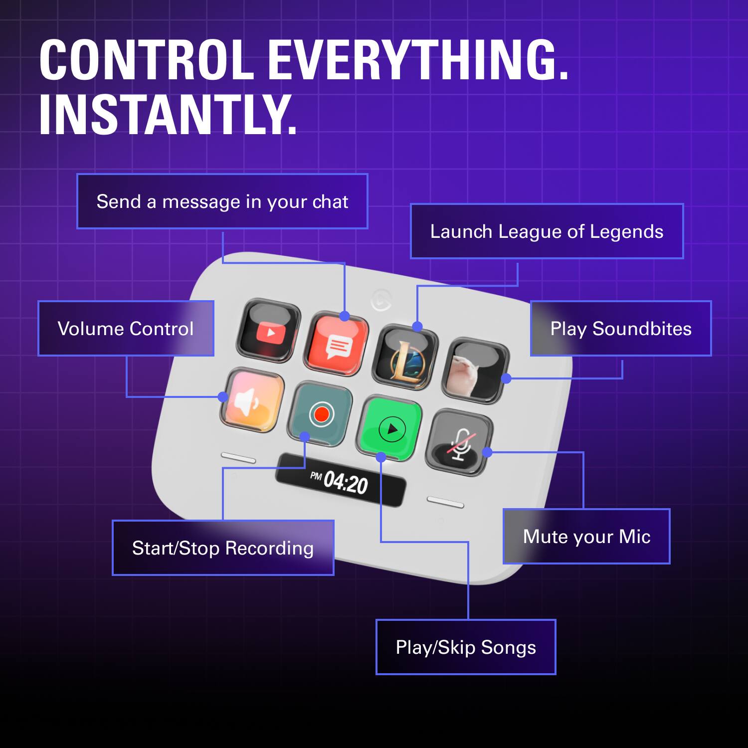 CONTROL EVERYTHING. INSTANTLY.

- Send a message in your chat
- Launch League of Legends
- Volume Control
- Play Soundbites
- Start/Stop Recording
- Mute your Mic
- Play/Skip Songs