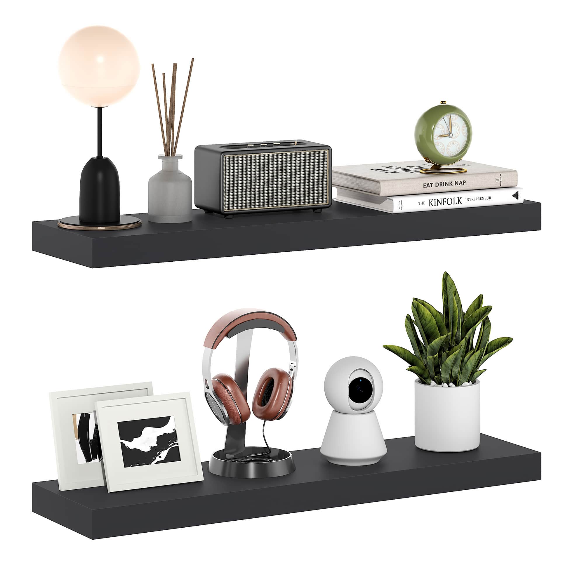 Furinno - TANNA Set of 2 Floating Shelves for Wall, 9 x 35 Wall Shelf, Wall Mounted Shelf with Invisible Bracket, 2-in Thick - Americano