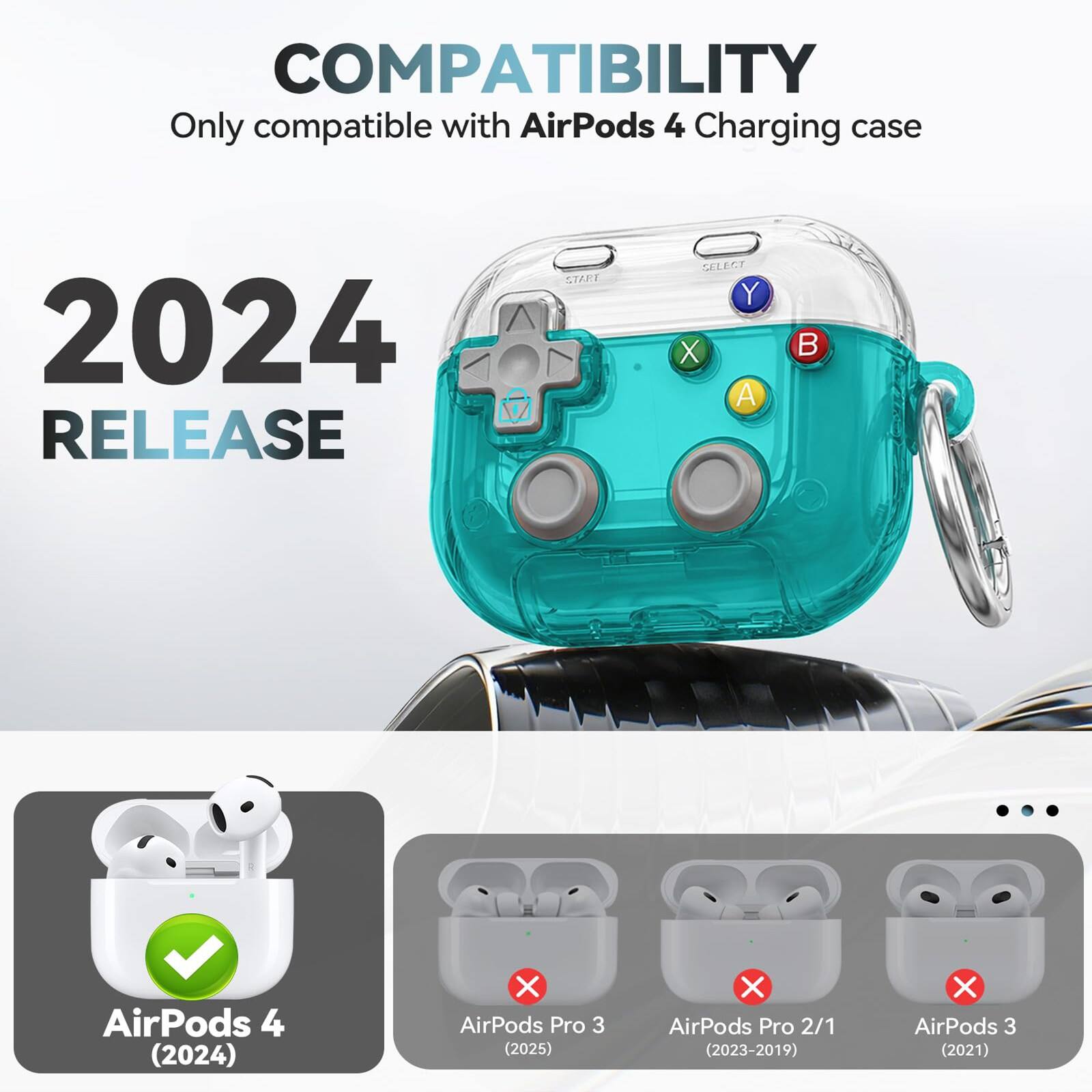 COMPATIBILITY  
Only compatible with AirPods 4 Charging case  

2024 RELEASE  

AirPods 4 (2024) ✓  
AirPods Pro 3 (2025) ✗  
AirPods Pro 2/1 (2023-2019) ✗  
AirPods 3 (2021) ✗