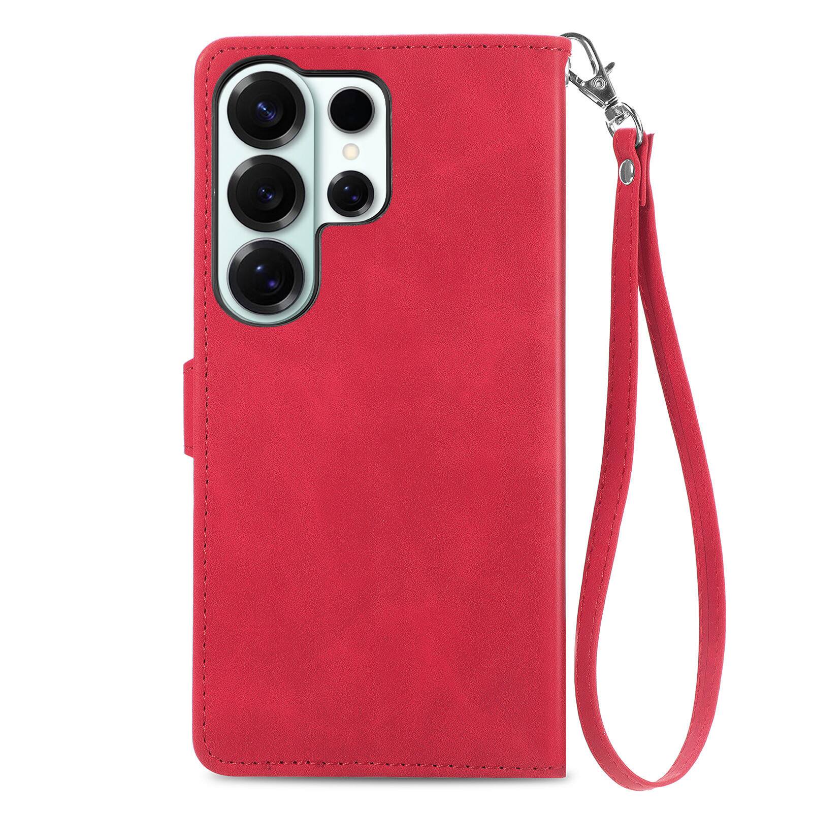 Left. Dteck - for Samsung Galaxy S26 Ultra Wallet Case,Folio Shockproof PU Leather Card Holder Cover with Zipper Pocket & Wrist Strap - Red.