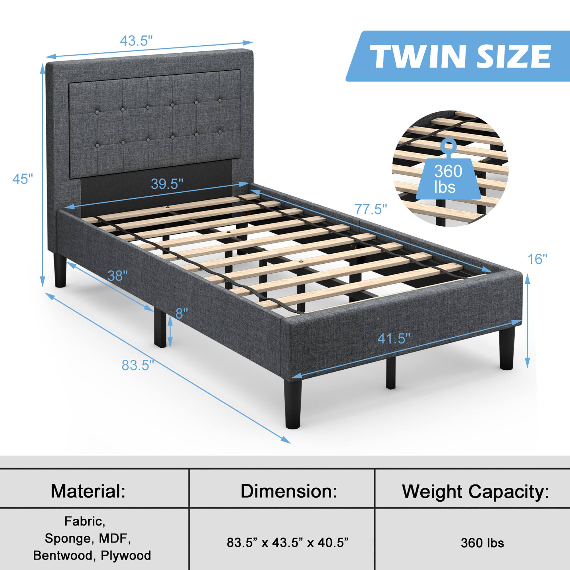 TWIN SIZE, 43.5", 45", 39.5", 77.5", 360 lbs, 38", 16", 8", 41.5", 83.5", Material: Fabric, Sponge, MDF, Bentwood, Plywood, Dimension: 83.5" x 43.5" x 40.5", Weight Capacity: 360 lbs