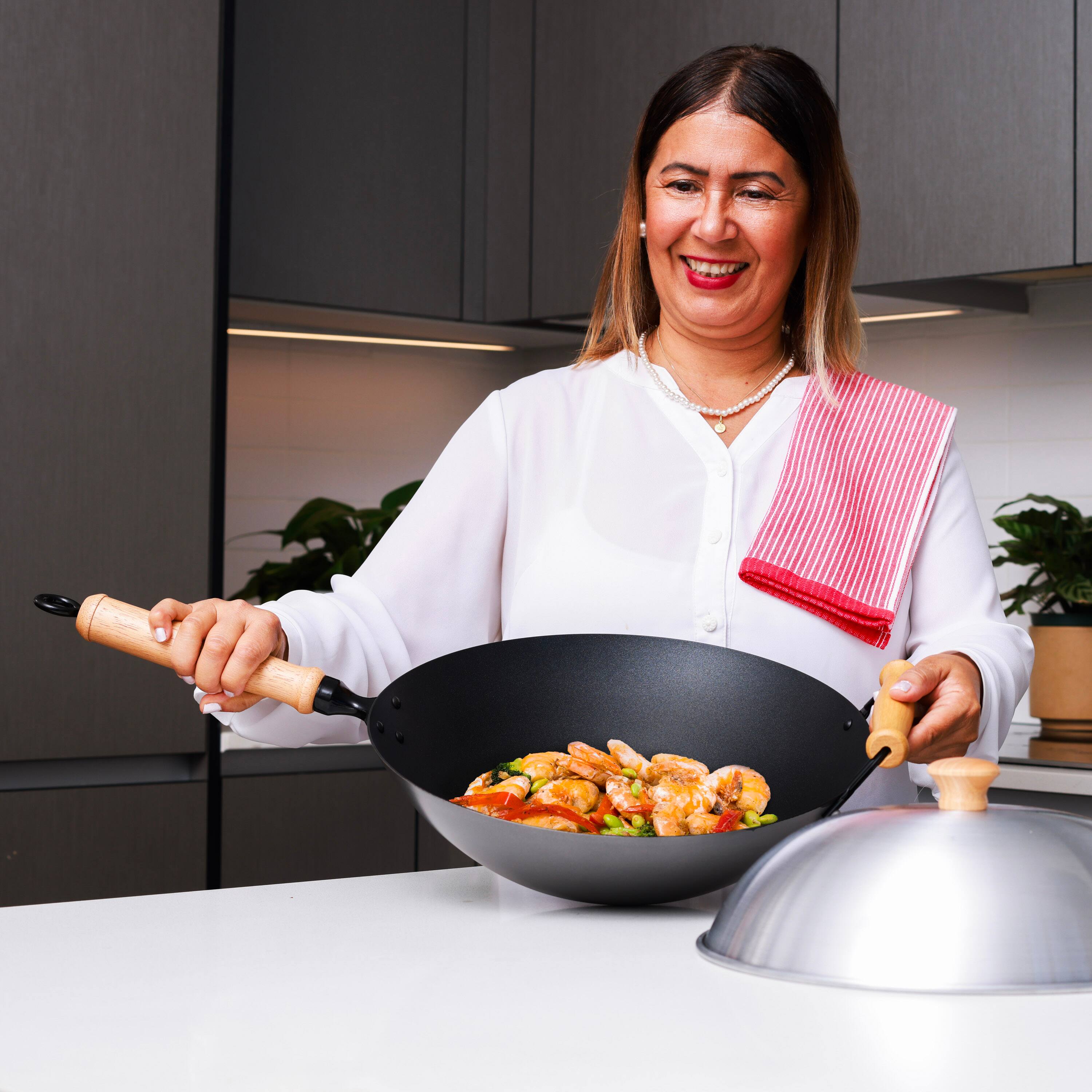 Back. Joyce Chen - Professional Series 14-Inch Carbon Steel Ceramic Nonstick Flat Bottom Wok Set with Lid and Maple Handles, 10 Pieces - Black.