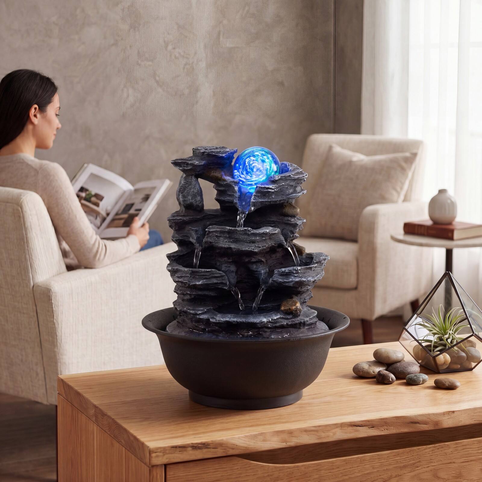 Alt View 5. Costway - Costway Tabletop Water Fountain with Rolling Crystal Ball, Color-Changing LED Light, Pump - Black.