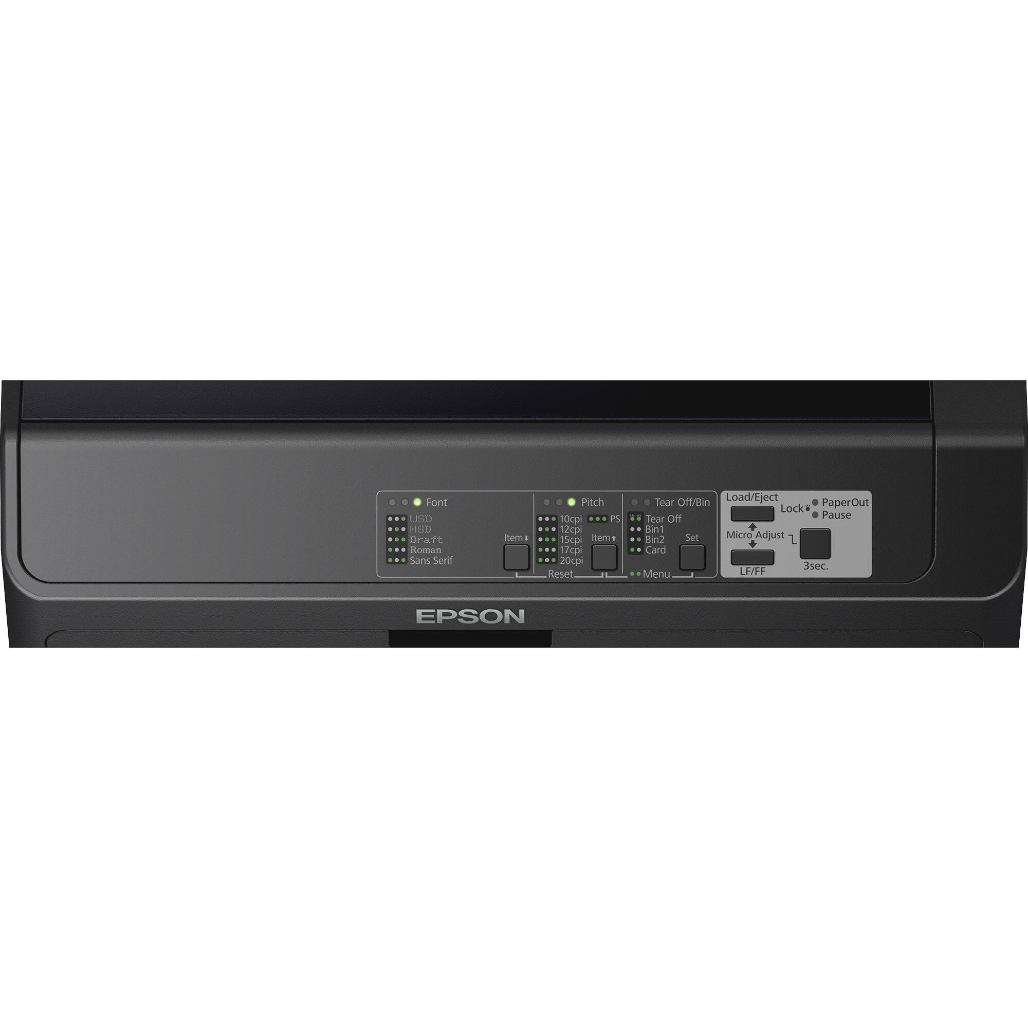 Font:  
- HSD  
- Draft  
- Roman  
- Sans Serif  

Pitch:  
- 10cpi  
- 12cpi  
- 15cpi  
- 17cpi  

Tear Off/Bin:  
- Tear Off  
- Bin1  
- Bin2  

Load/Eject:  
- Load  
- Eject  

Lock:  
- Paper Out  

Reset:  
- Reset  

Pause:  
- Pause  

Micro Adjust:  
- Micro Adjust 1  
- 3sec.  

Set:  
- Set  

Menu:  
- Menu  

LF/FF:  
- LF/FF  

EPSON