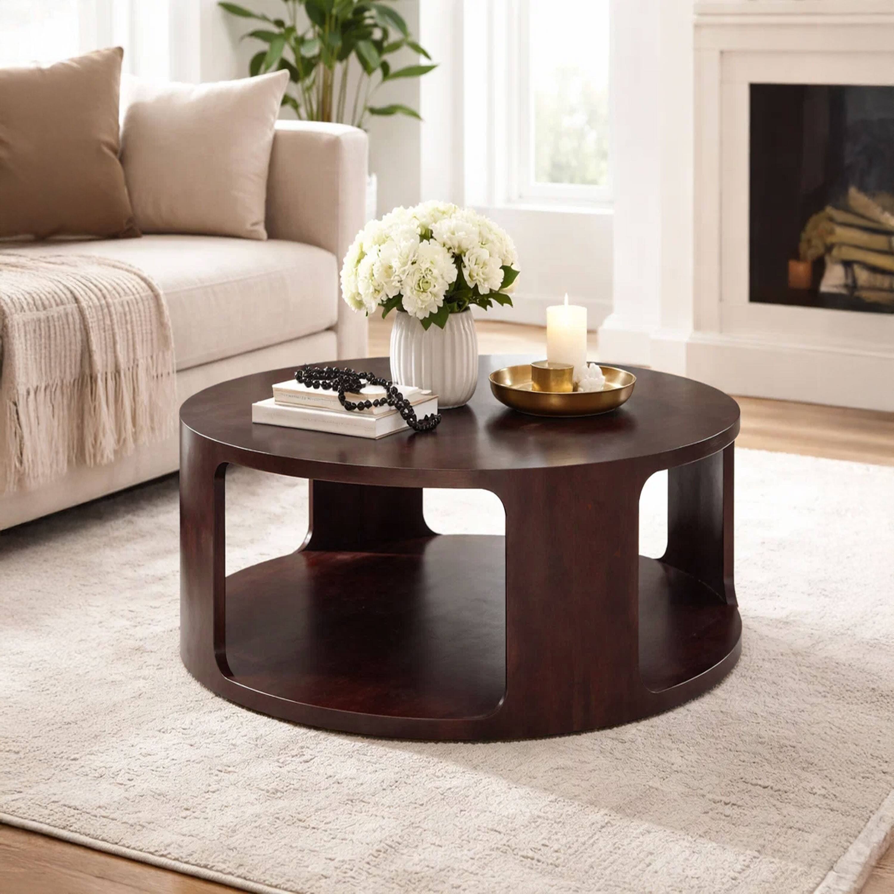 Alt View 10. Manhattan Lane - Bard Coffee Table, 38 Inch Round Top with Shelf, Walnut Brown Mango Wood Sculptural Frame - Brown.