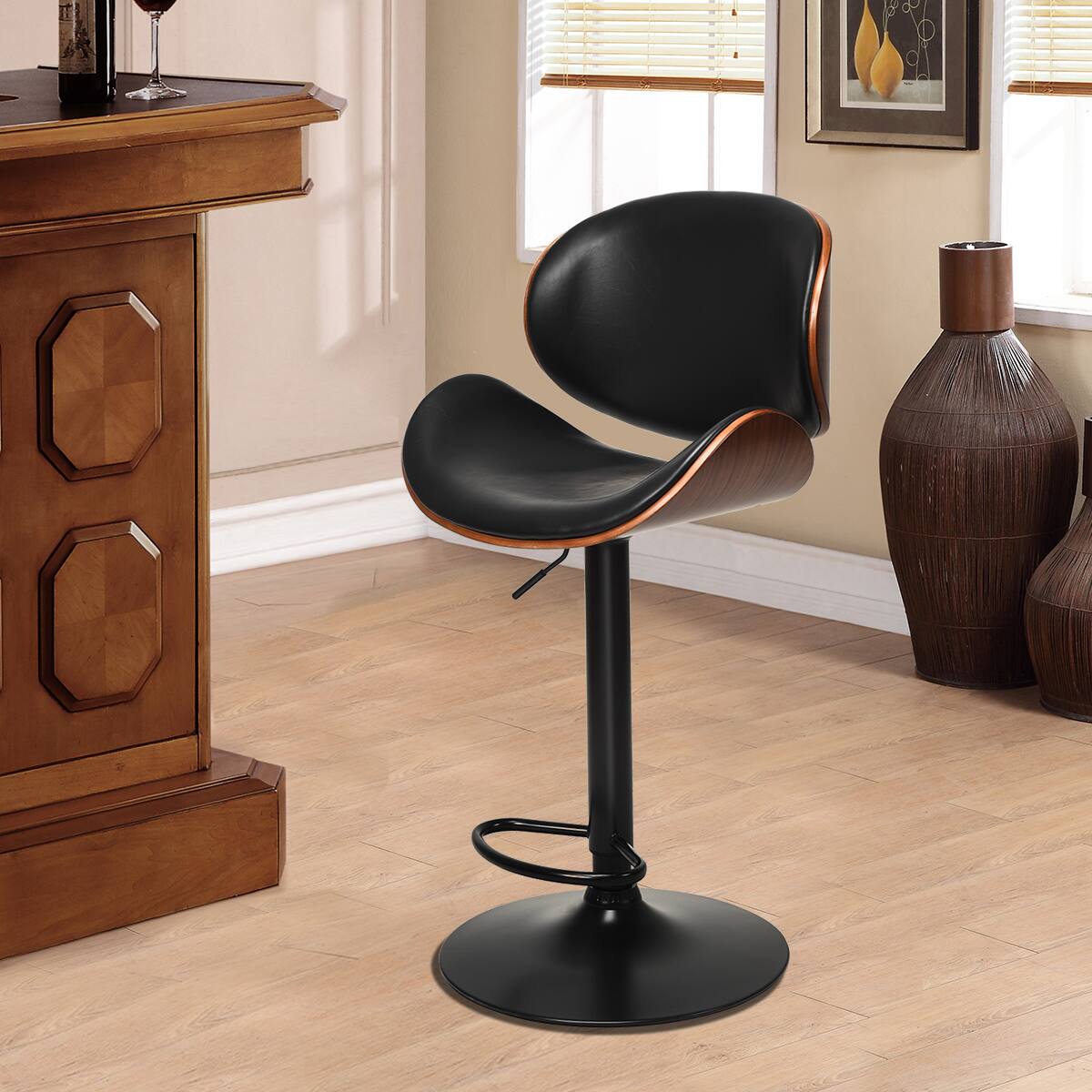 Alt View 4. Costway - Costway Set of 2 Bentwood Barstool Mid-Century Adjustable Swivel PU Leather Curved Back - Brown.