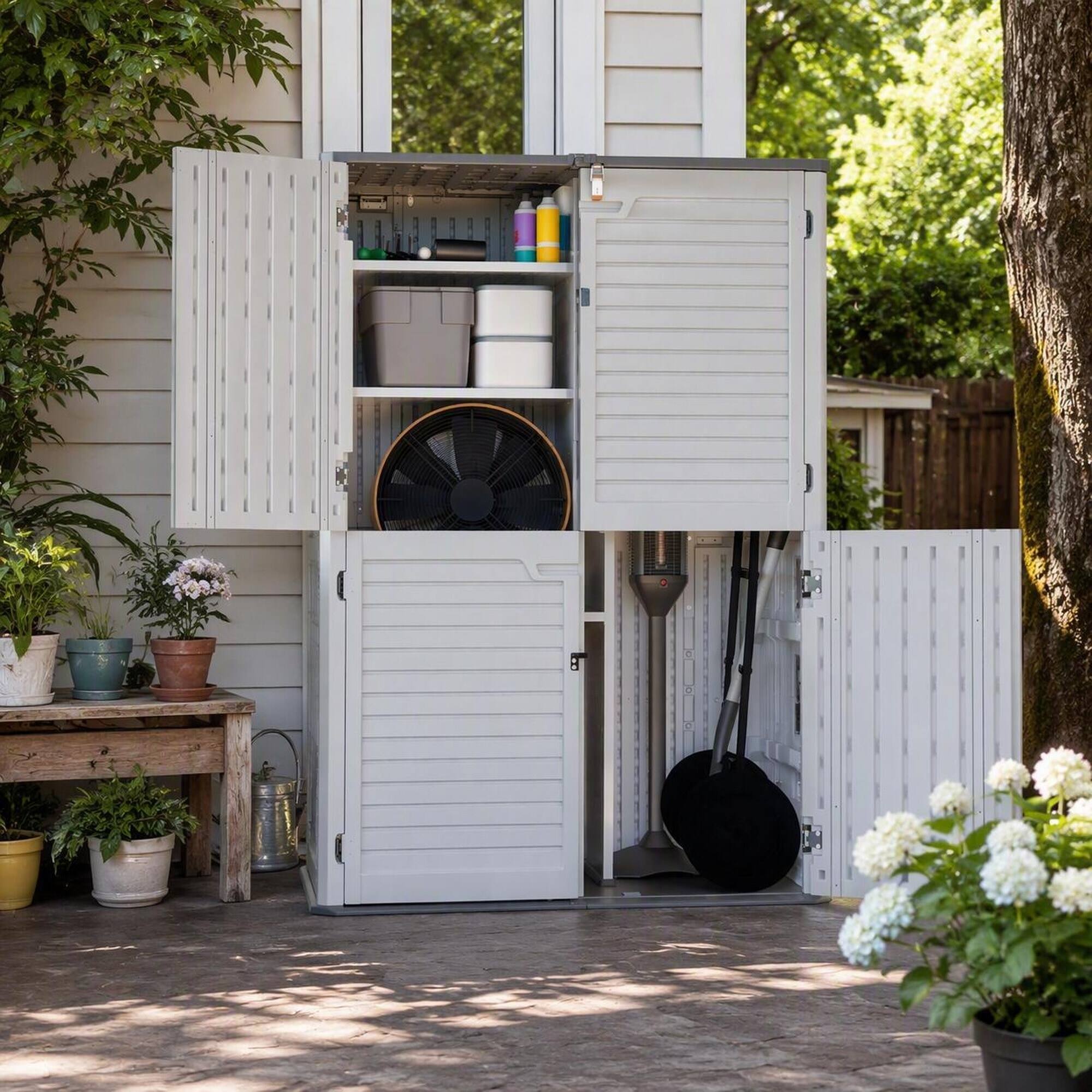Back. RYHNUYNE - Resin Storage Cabinet 4 Doors 61.6 cu ft White Finish Patio Garden Sunroom - White.