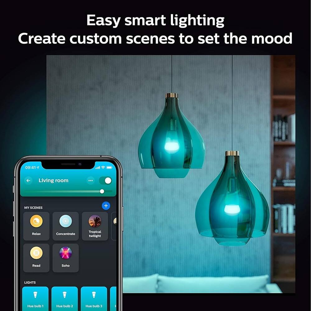 Easy smart lighting  
Create custom scenes to set the mood  

Living room  

MY SCENES  
- Relax  
- Concentrate  
- Tropical twilight  
- Read  
- Soho  

LIGHTS  
- Hue bulb 1  
- Hue bulb 2  
- Hue bulb 3