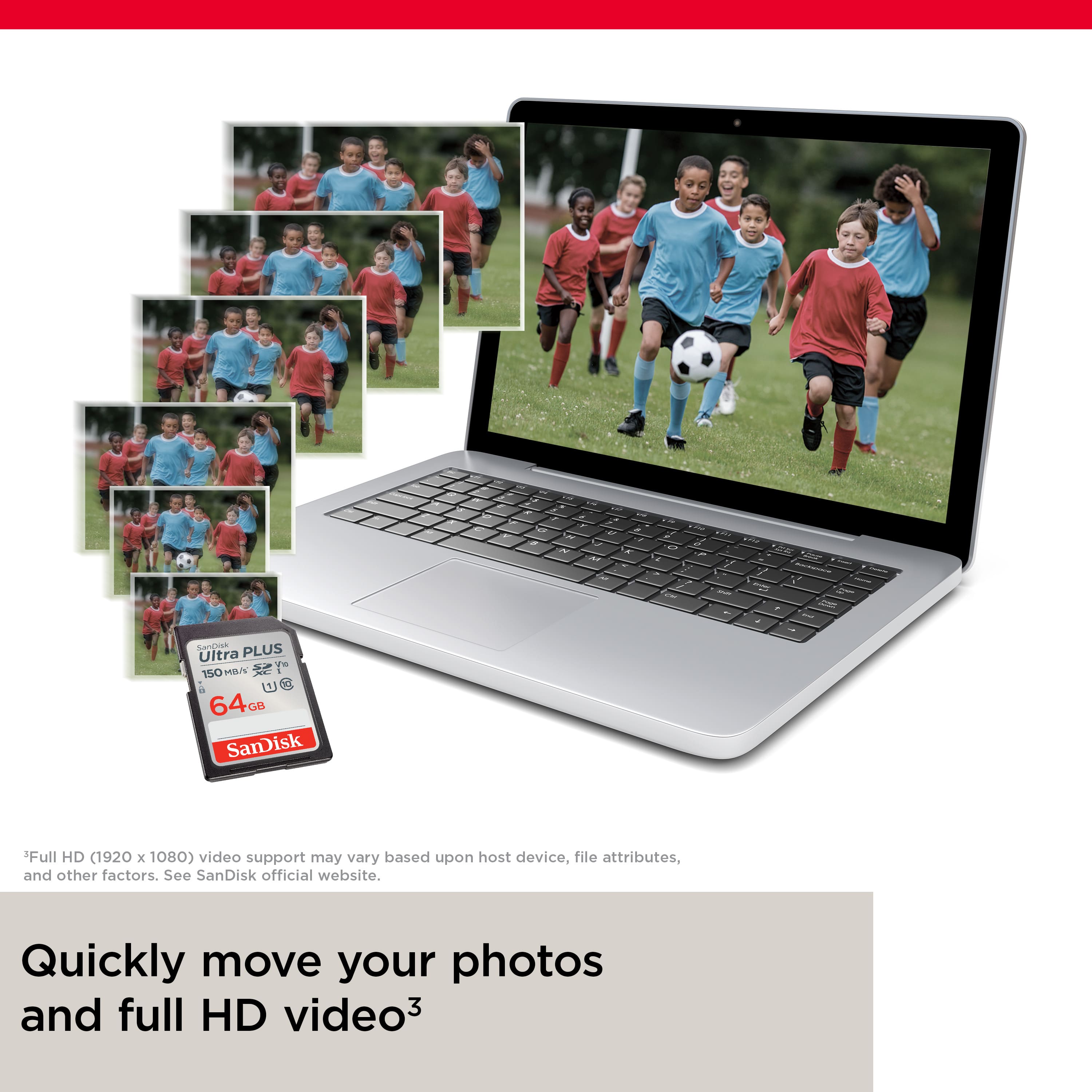 The text on the image reads:
"Quickly move your photos and Full HD video3 with SanDisk Ultra 16GB SDHC Card."