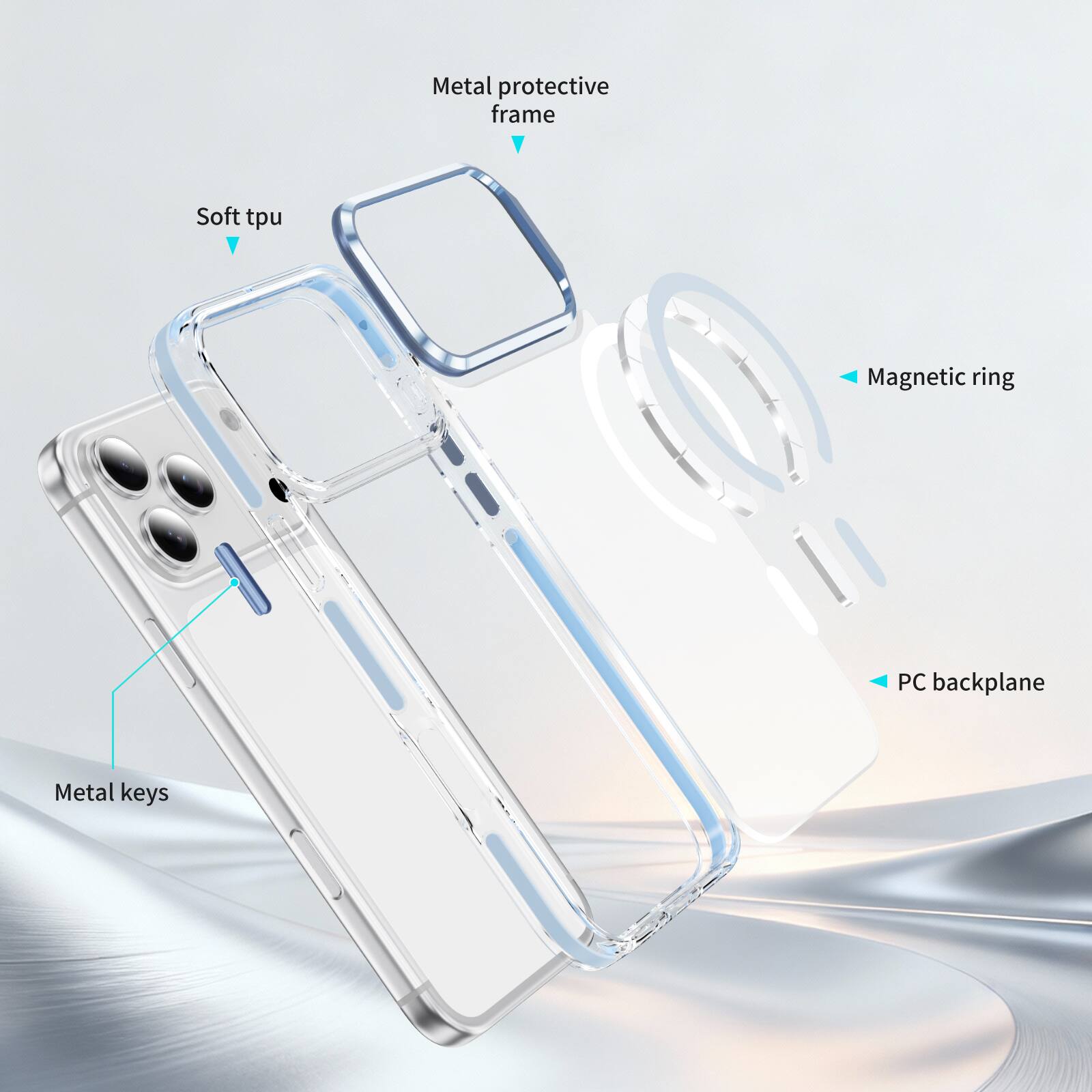 Metal protective frame  
Soft tpu  
Magnetic ring  
PC backplane  
Metal keys