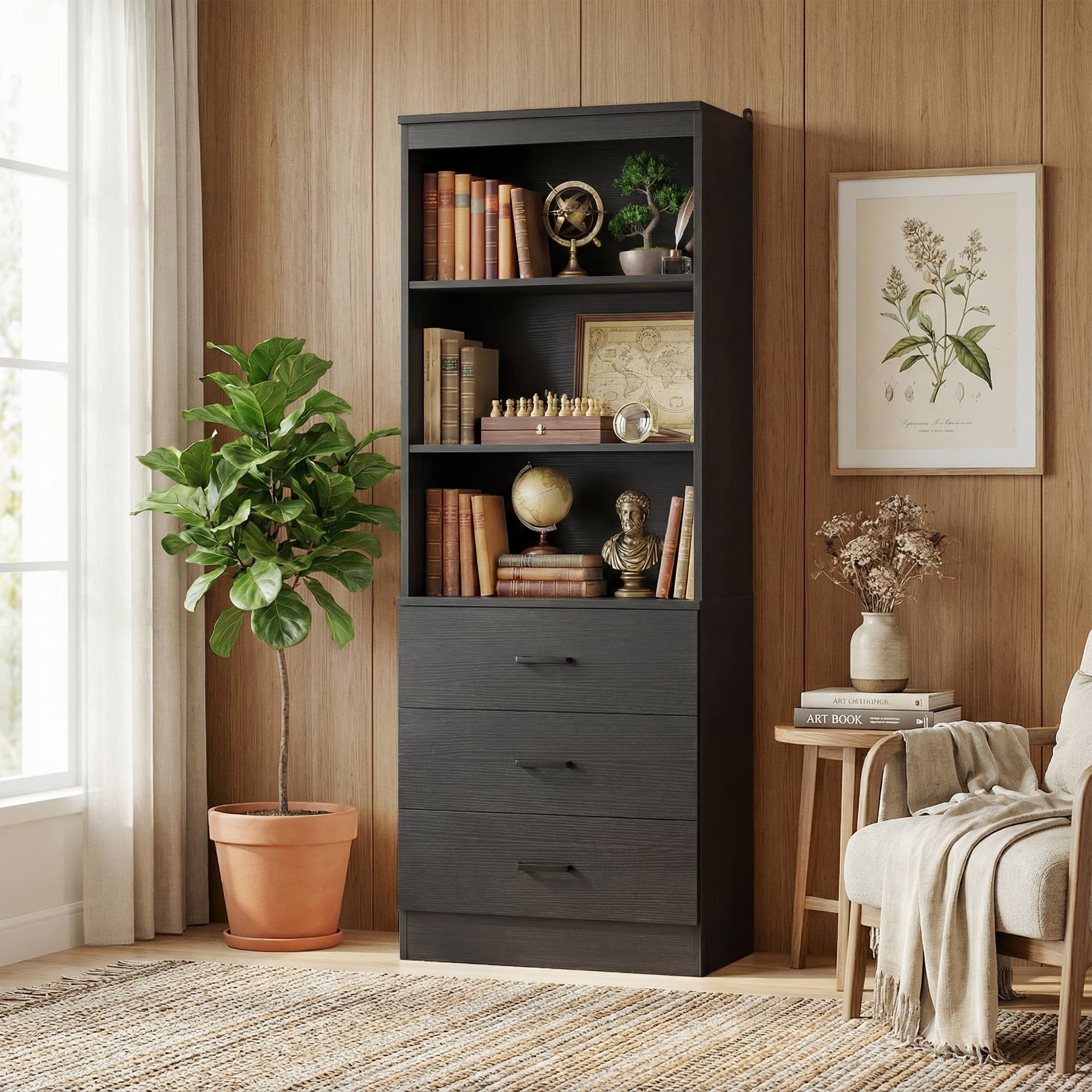 Aheaplus - 71'' Tall Bookcase with 3 Drawers and Shelves, 23.6'' Wide Modular Small Walk-in Storage Unit - Black