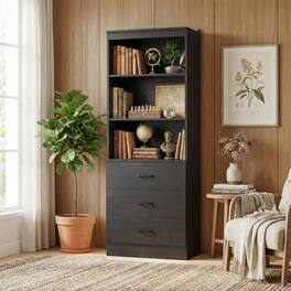 Aheaplus - 71'' Tall Bookcase with 3 Drawers and Shelves, 23.6'' Wide Modular Small Walk-in Storage Unit - Black