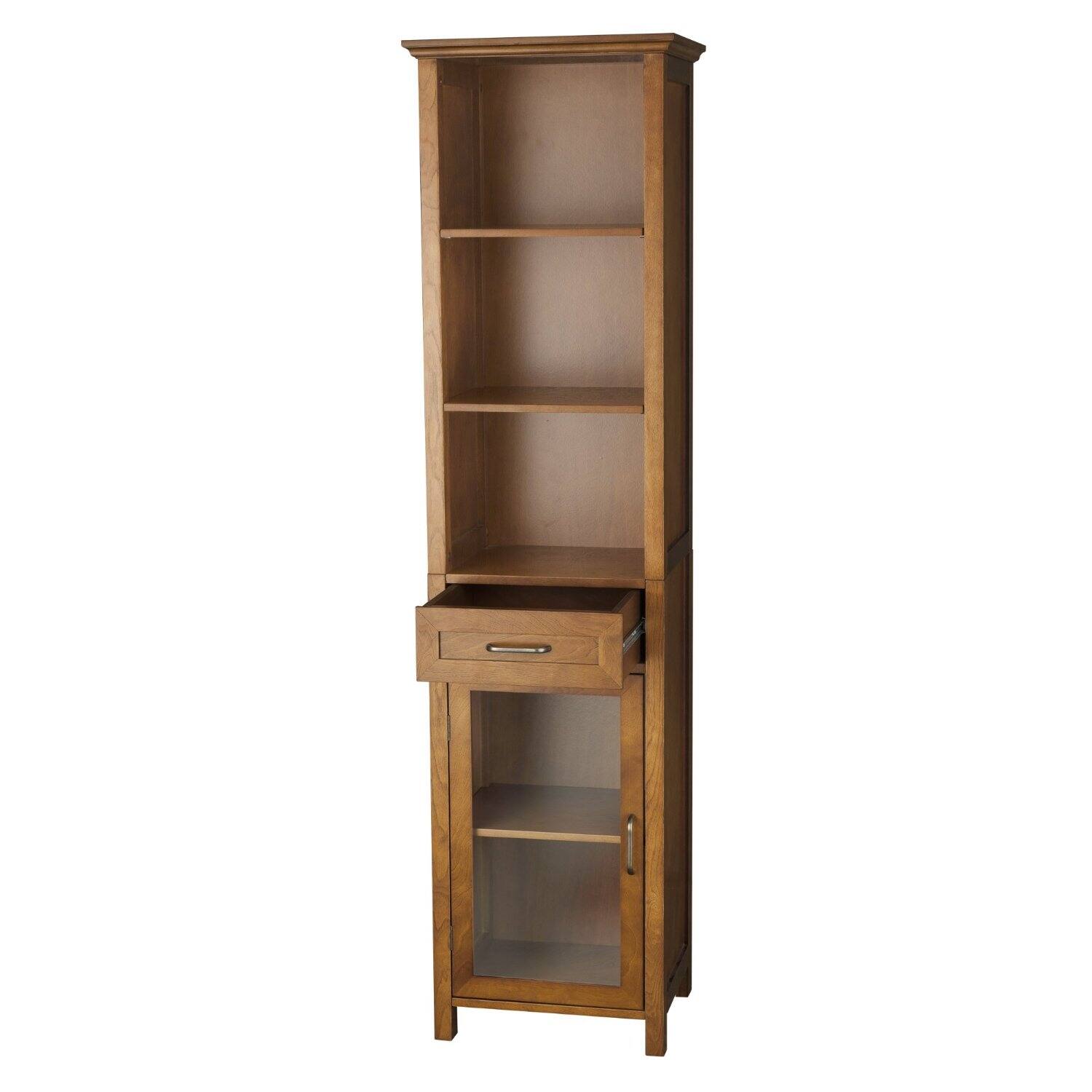 Angle. Hivvago - Oak Finish Bathroom Linen Tower Storage Cabinet with Shelves - Brown.