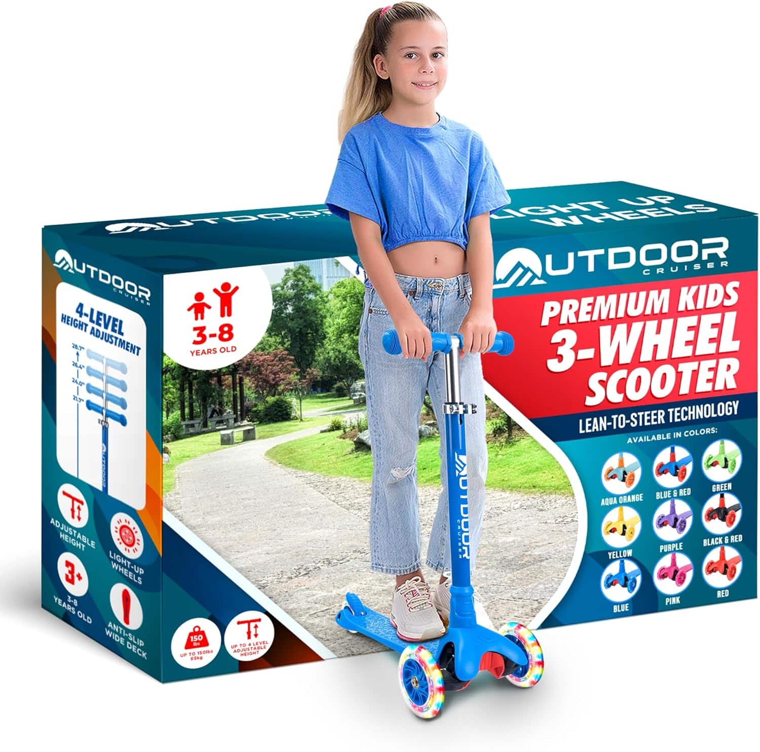 Outdoor Cruiser - 3-Wheel Scooter – LED Wheels, 4-Level Adjustable Handle, for Kids Ages 3-8 - Blue