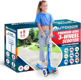 Outdoor Cruiser - 3-Wheel Scooter – LED Wheels, 4-Level Adjustable Handle, for Kids Ages 3-8 - Blue