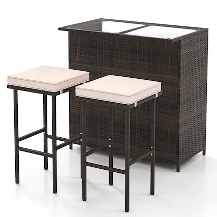 Front. Gymax - Gymax 3 Pieces Patio Bar Set PE Wicker Outdoor Bar Table & Stools Set w/ Removable Cushions - Mix Brown, Beige.